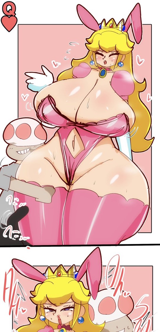 ass, big breasts, breasts, bunny ears, bunnysuit, cropped, cropped image, crown, female, kotarodayo1126, mario (series), princess peach, queen of hearts (playing card), stockings, tagme, thick ass, toad (mario)