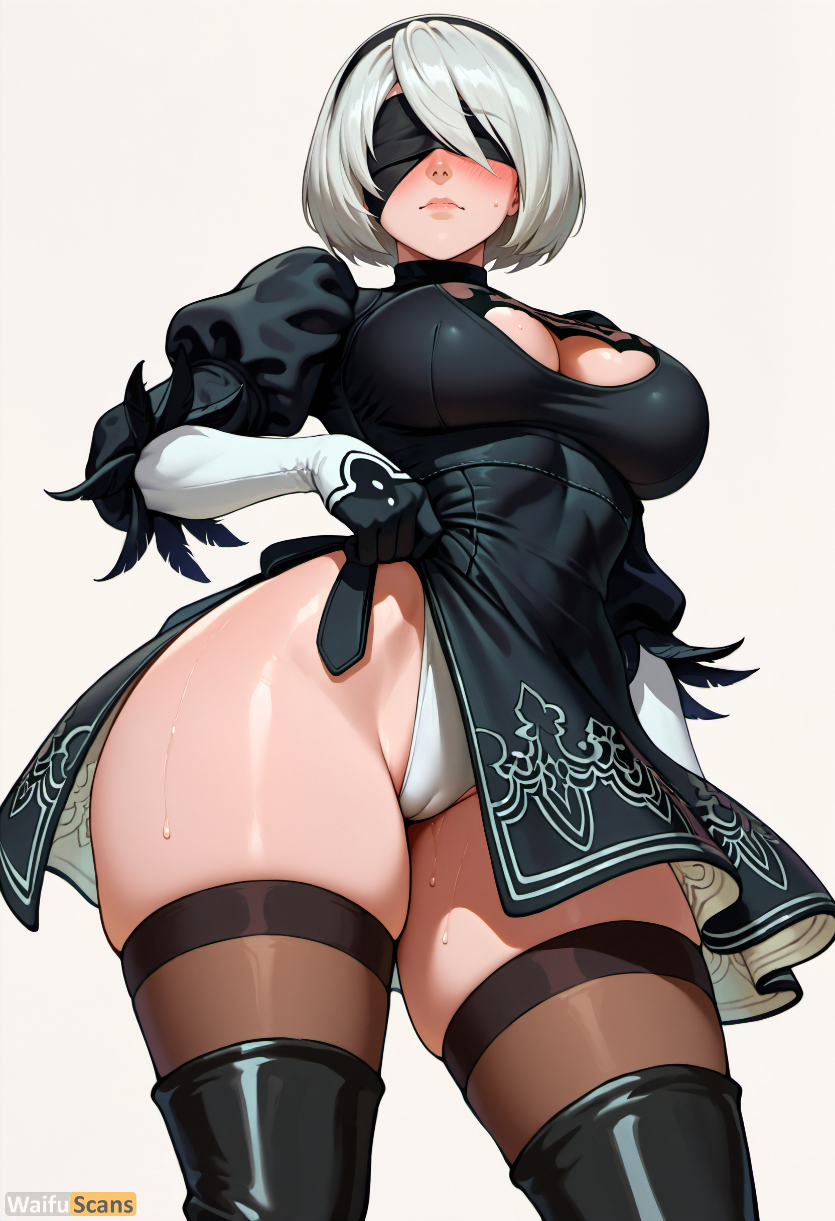 ai generated, black blindfold, black dress, black footwear, black gloves, black thighhighs, blindfold, blush, boots, breasts, cameltoe, cleavage, cleavage cutout, closed mouth, clothes lift, clothing cutout, covered nipples, dress, dress lift, feather-trimmed sleeves, female, gloves, hairband, high resolution, highleg, highleg leotard, highres, juliet sleeves, large breasts, leotard, lifted by self, lips, long sleeves, mole, mole under mouth, nier: automata, puffy sleeves, pussy, short hair, simple background, skindentation, solo, stable diffusion, sweat, thick thighs, thigh boots, thighhighs, thighhighs under boots, thighs, two-sided fabric, two-sided skirt, waifuscans418, white background, white hair, white leotard, yorha 2b
