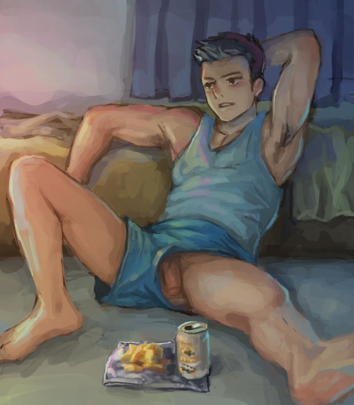 1boy arm_up bakemon_tansui barefoot bed bedroom beer_can black_hair blue_shirt blue_shorts can flaccid freeballing male male_only original penis penis_peek room shirt short_hair shorts sitting solo tank_top upshorts