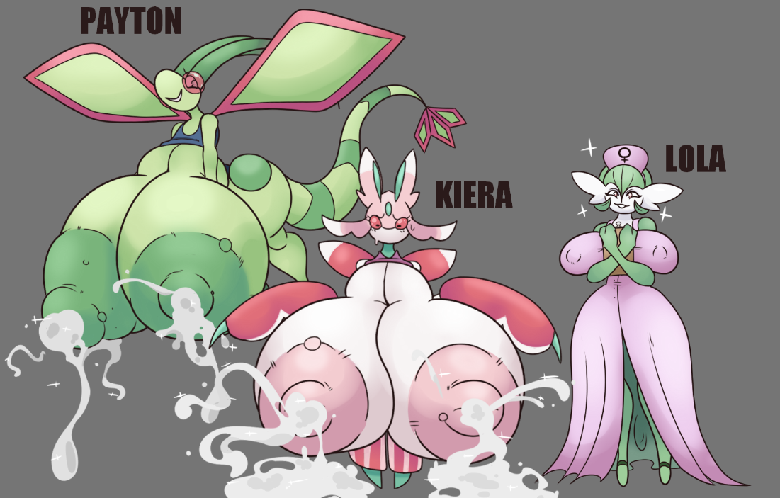 3girls, anthro, blush, breasts, breasts bigger than head, enormous breasts, female, female only, flygon, flying, gardevoir, gigantic breasts, green skin, huge areolae, huge breasts, huge nipples, hyper, hyper breasts, lactating, lactation, large areolae, lurantis, massive breasts, milk, milking, nipples visible through clothing, oc, piratebay, pokemon, pokemon (species), puffy nipples, sweat, tail, wings