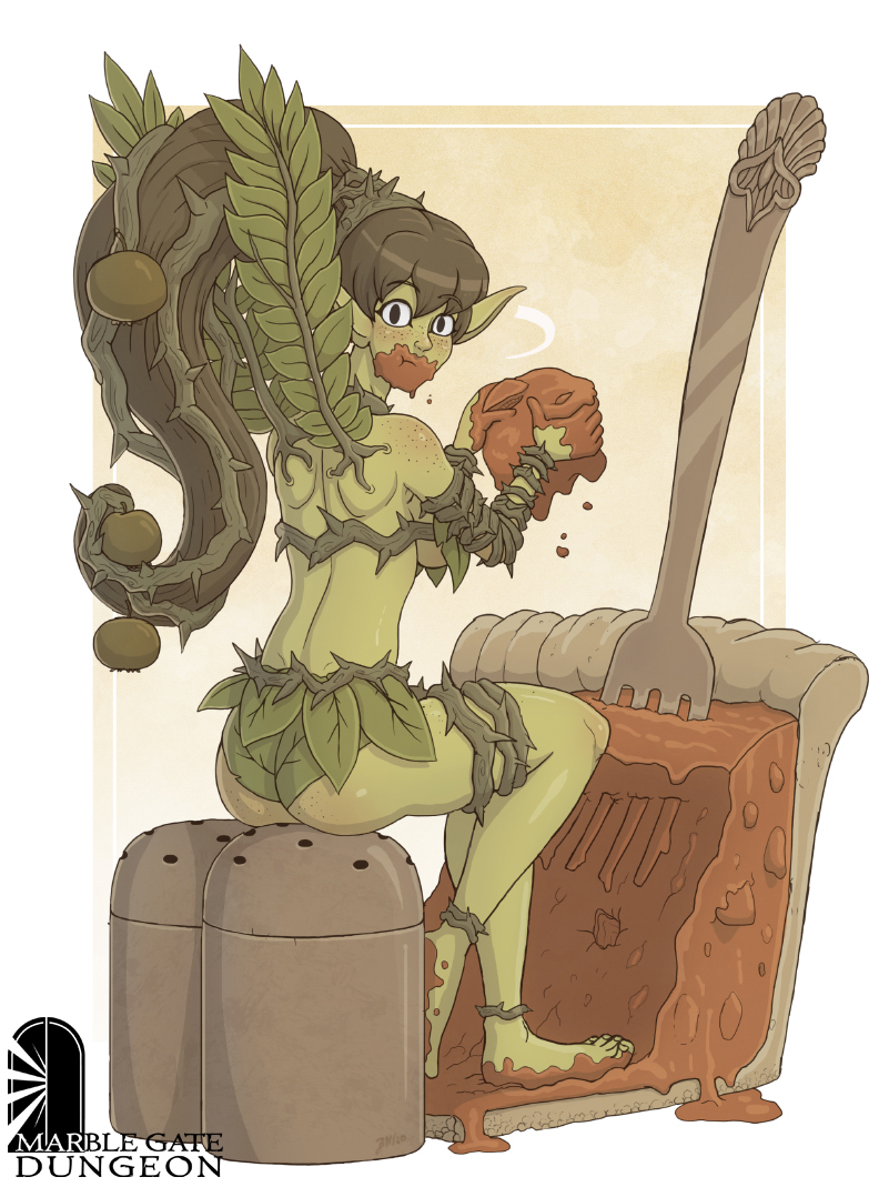 ass barefoot brett_neufeld eating fairy female green_skin marble_gate_dungeon miniature pie pointy_ears