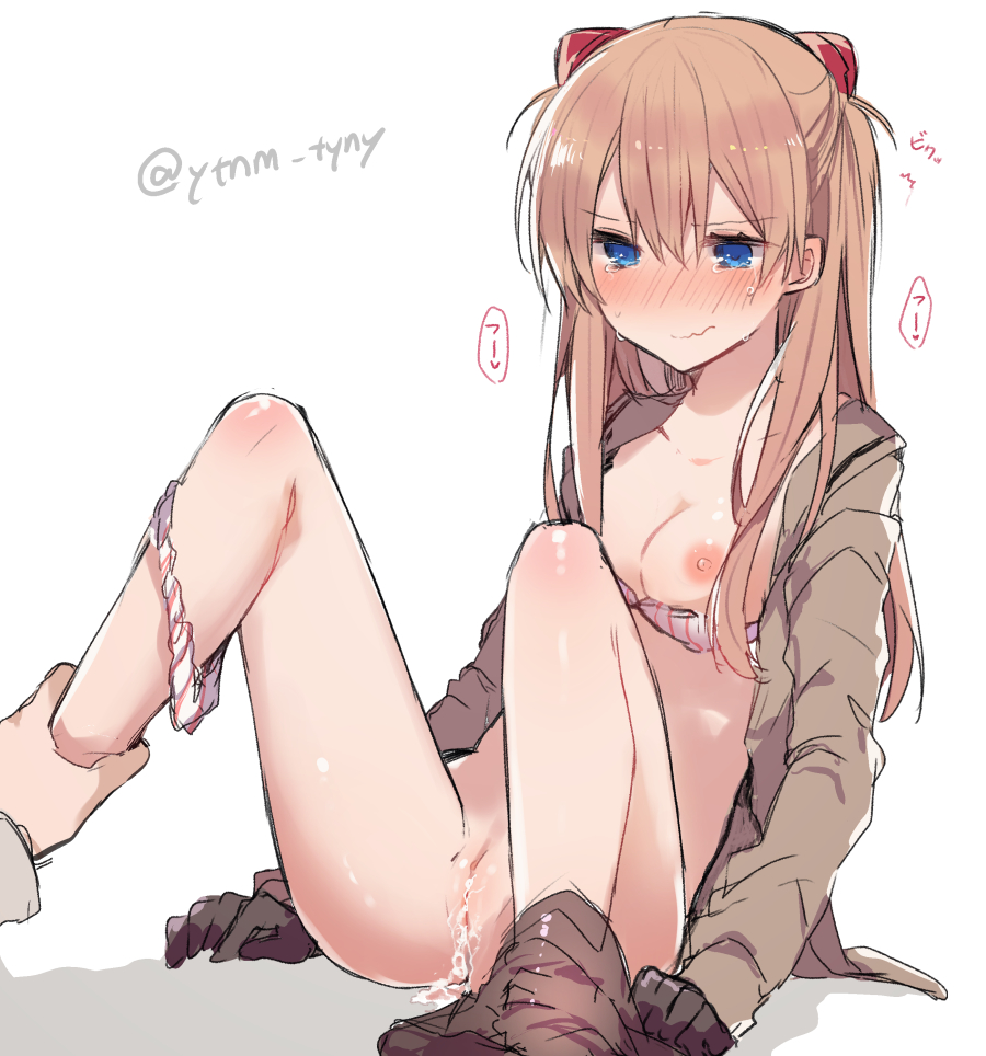 /\/\/\ ass asuka_langley_sohryu bangs black_gloves blonde_hair blue_eyes blush bra bra_pull breasts clothing cum cum_in_pussy eyebrows_visible_through_hair female gloves grey_jacket hair_between_eyes headgear ikeuchi_tanuma jacket long_hair long_sleeves looking_at_another medium_breasts neon_genesis_evangelion nipples nose_blush out_of_frame panties panties_around_leg pants_down pussy sitting striped sweat tears twitter_username underwear vertical-striped_bra vertical-striped_panties vertical_stripes white_bra white_panties