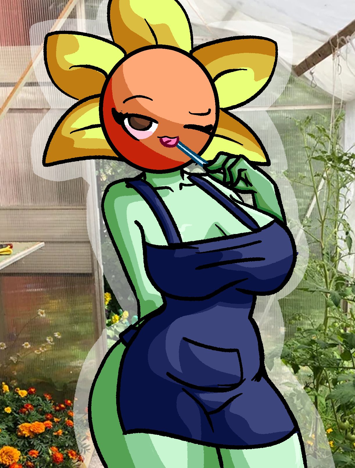 1girls apron apron_only big_breasts blue_apron brown_pupils chetoh female female_focus female_only garden green_body licking licking_lollipop lollipop oc one_eye_closed original original_character petals photo_background plant plant_girl poppy_(chetoh) poppy_(chetoh) sunflower thighs yellow_petals