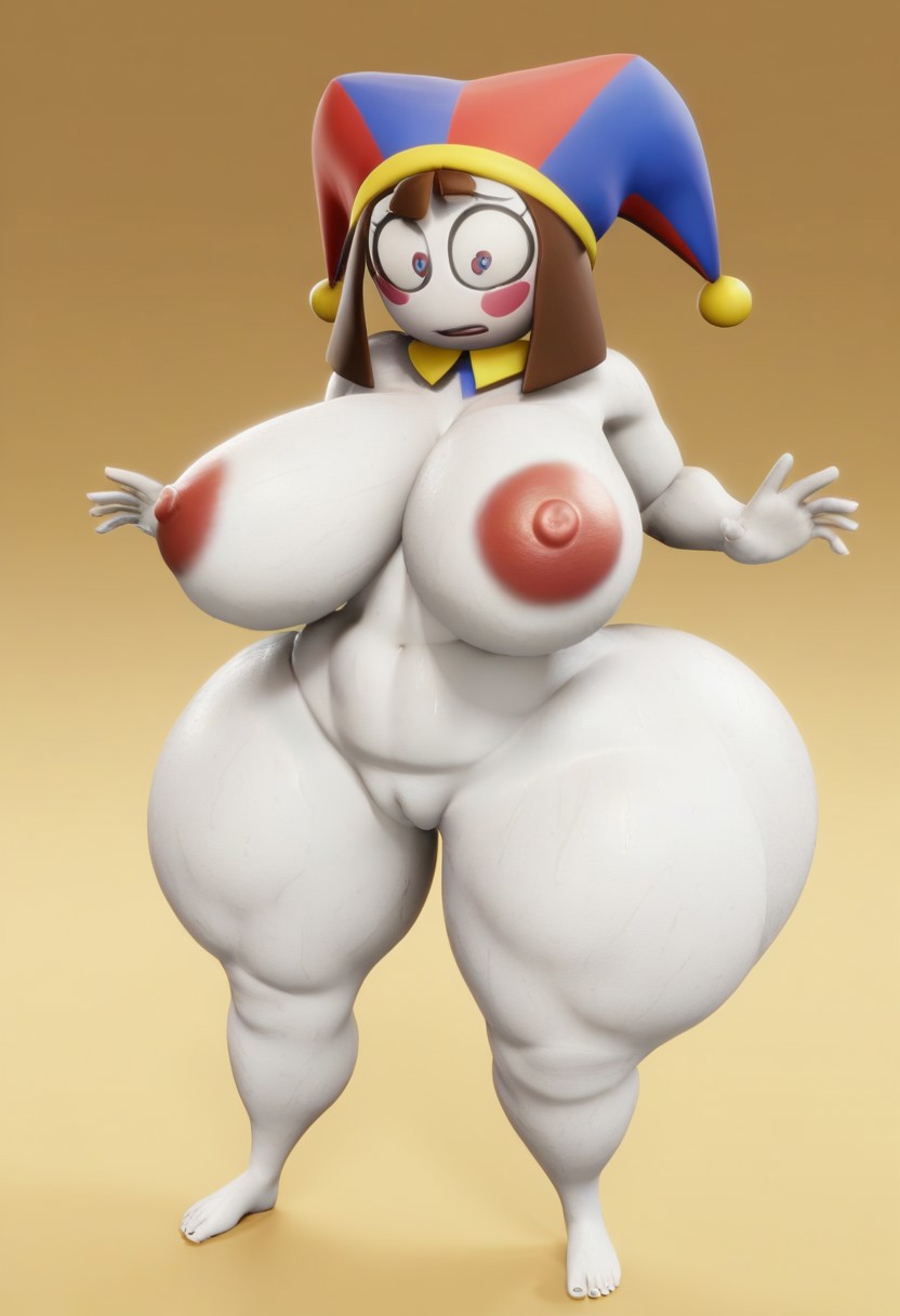 1girls, 3d, 3d model, ai, ai generated, ass, big ass, big breasts, big butt, breasts, brown hair, bubble ass, bubble butt, female, female focus, female only, jester, jester cap, jester hat, pomni, pomni (tadc), pomni (the amazing digital circus), simple background, solo, solo female, surprised, surprised expression, surprised face, the amazing digital circus, thick ass, thick legs, thick thighs, white body, white skin