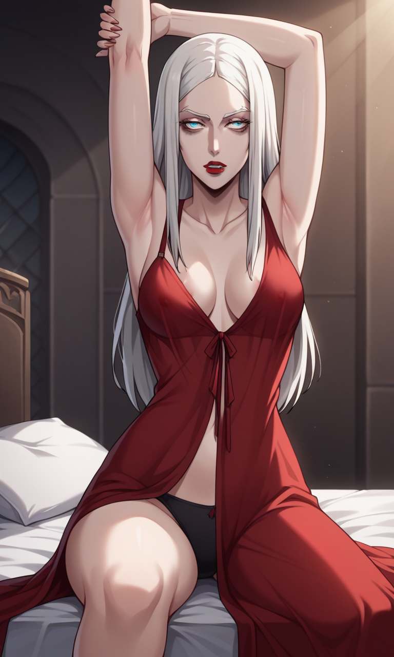 1girls ai_generated ass bewitching_thighs bigmic145 breasts carmilla_(castlevania) castlevania castlevania_(netflix) female lips long_hair medium_breasts negligee nightgown panties red_dress see-through see-through_clothing thighs vampire vampire_girl white_hair