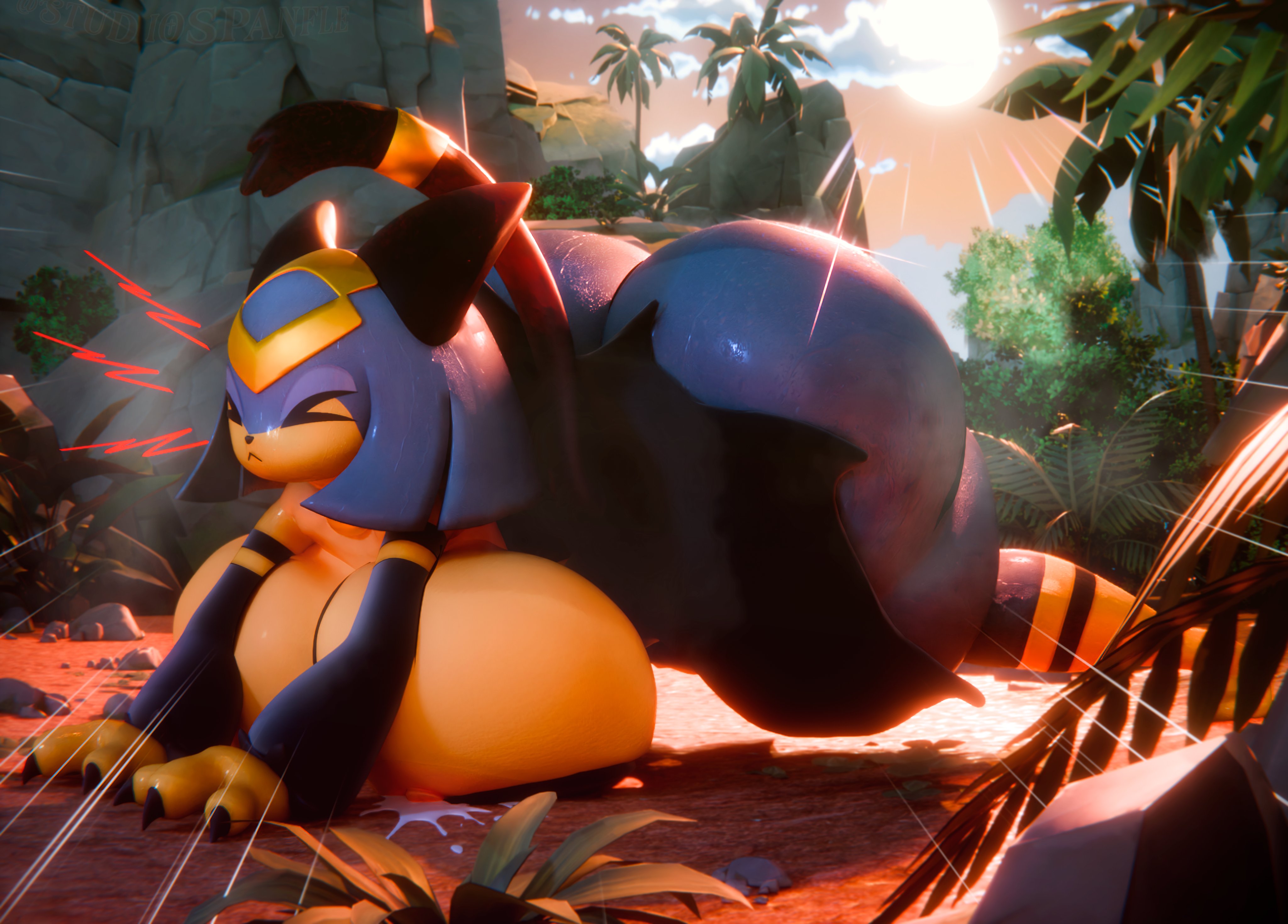3d, anthro, ass, big ass, big breasts, big nipples, black clothing, black dress, black nose, blue body, blue hair, breasts, bubble butt, child bearing hips, clothed, clothing, dat ass, detailed background, dress, embarrassed, enormous breasts, exhibitionism, eyelashes, fat ass, felid, feline, female, female only, first person view, hair, hi res, horny, huge ass, huge breasts, large ass, large breasts, looking at viewer, mammal, multicolored body, naked, naked female, nipples visible through clothing, no underwear, nude, nude female, one eye closed, pal (species), palworld, panflestudios, plump thighs, red eyes, sekhmet (pal), short hair, shortstack, slim waist, tagme, tail, thick thighs, thighs, thunder thighs, two tone body, v, voluptuous, voluptuous female, wide hips, yellow body