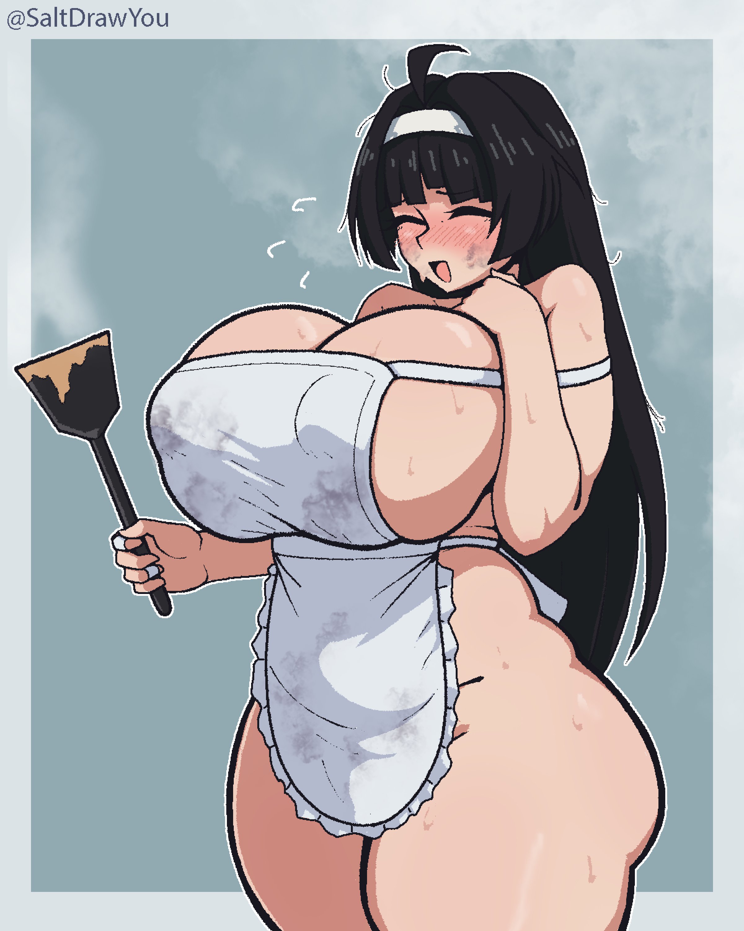 1girls, apron, apron only, astra yao, big breasts, black hair, blush, breasts, cleavage, closed eyes, female, female only, hair, handwear, holding object, huge breasts, long hair, naked apron, nipple bulge, saltdrawyou, smile, solo, solo female, steam, steamy, sweat, sweatdrop, thick thighs, thighs, white apron, zenless zone zero