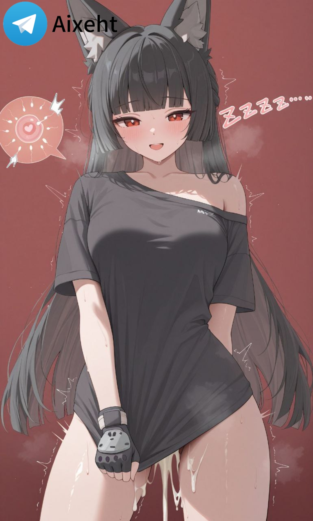 after sex, ai generated, big breasts, blush, cumdrip, excessive cum, hoshimi miyabi, legs apart, one shoulder exposed, shirt, standing, thighs, trembling, zenless zone zero