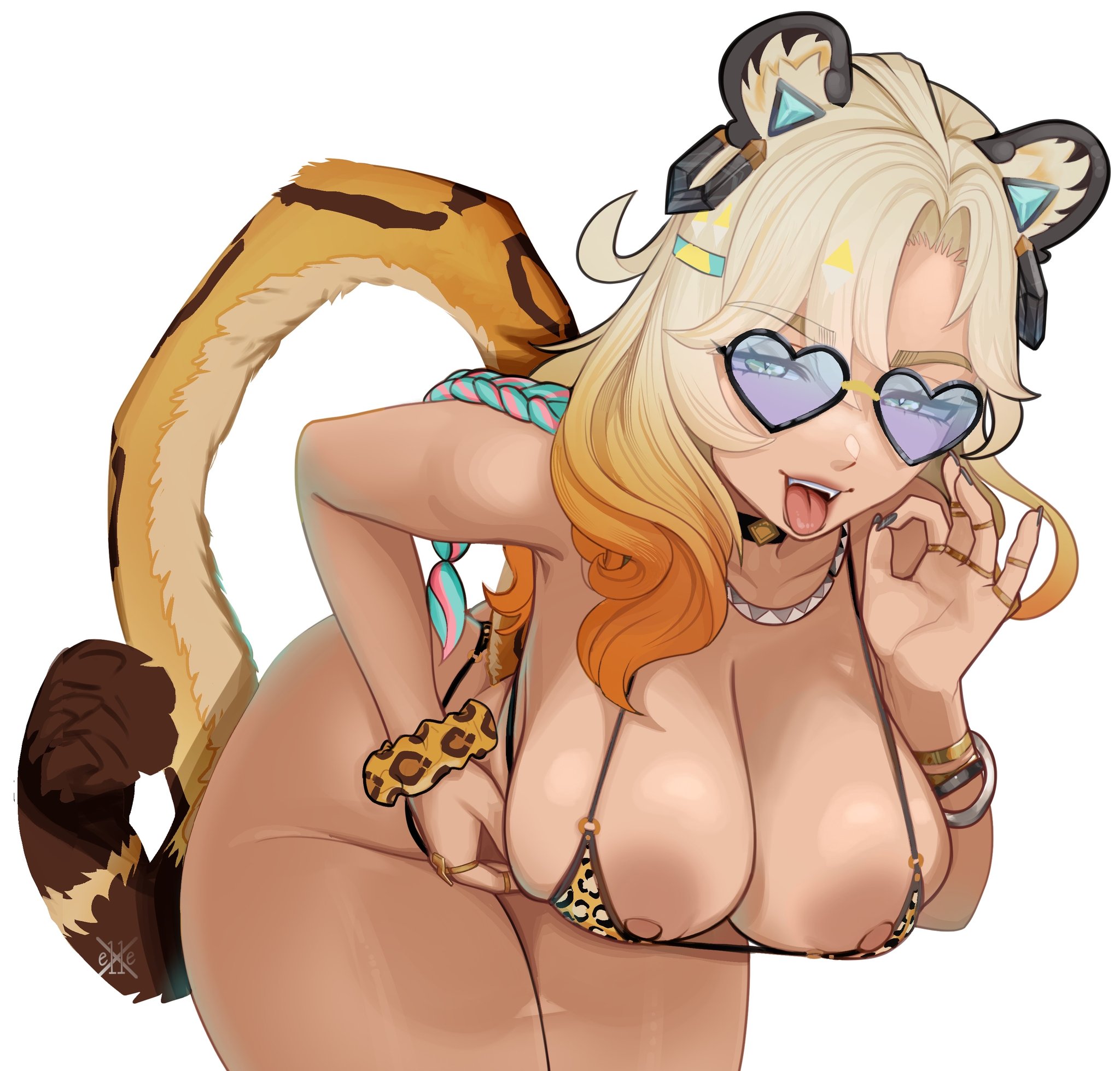 1girls, 2025, 2d (artwork), ass, bent over, bikini, blonde hair, blowjob gesture, bottomless, bracelet, breasts, cat ears, cat girl, cat tail, catgirl, choker, earrings, fellatio gesture, female, female only, genshin impact, glasses, green eyes, gyaru, heart glasses, heart-shaped eyewear, high res, high resolution, highres, large ass, large breasts, leopard girl, leopard print, leopard print bikini, nipple slip, nipples, open mouth, solo, solo female, tan, tan skin, tan-skinned female, tanned, tanned skin, thick thighs, thighs, tongue, tongue out, white background, x e11e, xilonen (genshin impact)