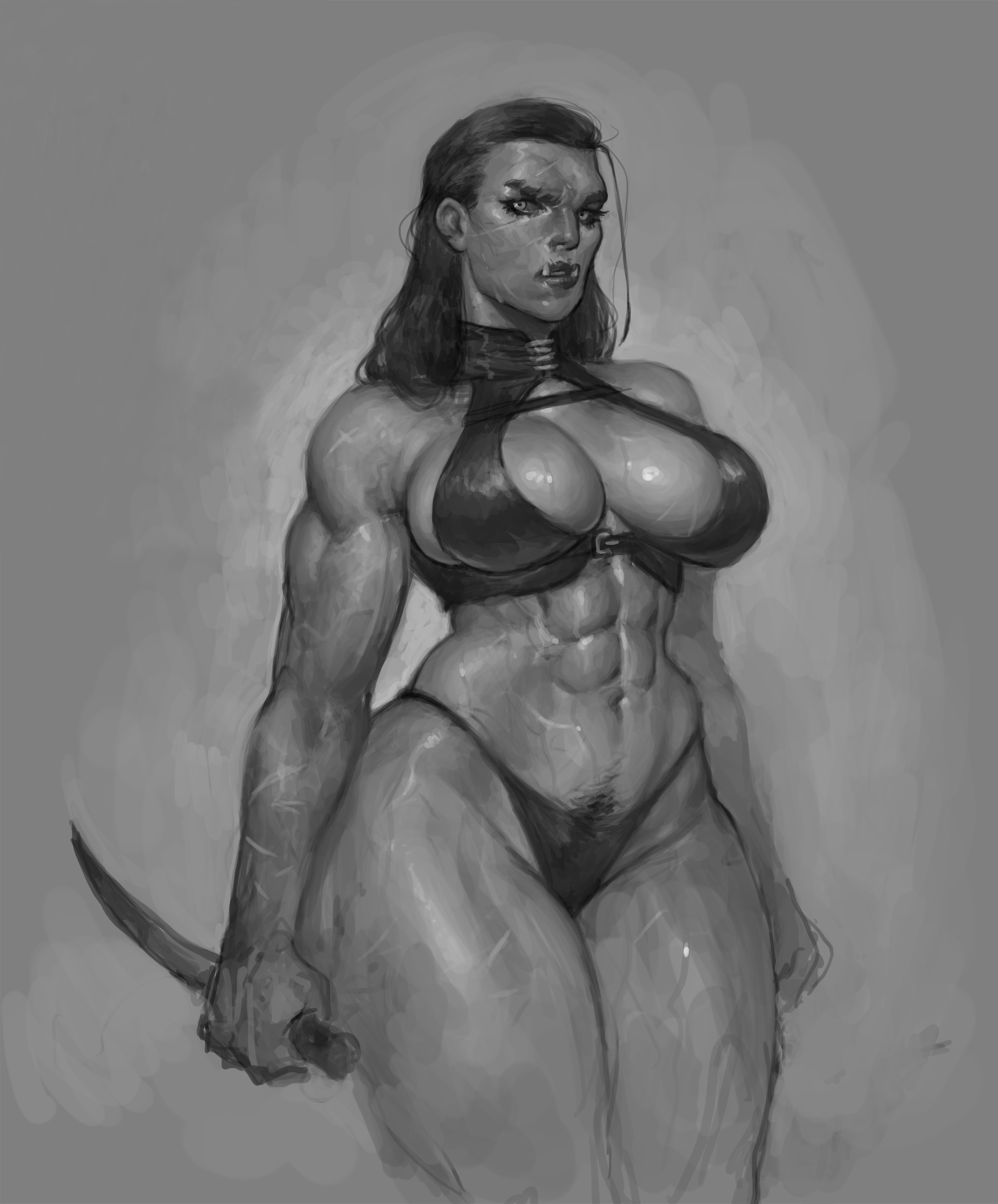 abs, big breasts, black hair, breasts, bush, curvaceous, curvaceous female, curvaceous figure, curvy, curvy body, curvy female, curvy figure, curvy hips, dagger, digital painting (artwork), fantasy, female, female only, female pubic hair, greyscale, hips, holding dagger, holding melee weapon, holding object, holding weapon, justsomenoob, large breasts, long hair, looking at viewer, melee weapon, monochrome, muscles, muscular, muscular arms, muscular female, muscular legs, muscular thighs, orc, orc female, pubic hair, pubic stubble, six pack, solo, solo female, solo focus, thick thighs, thighs, toned, toned female, veiny muscles, weapon, wide hips