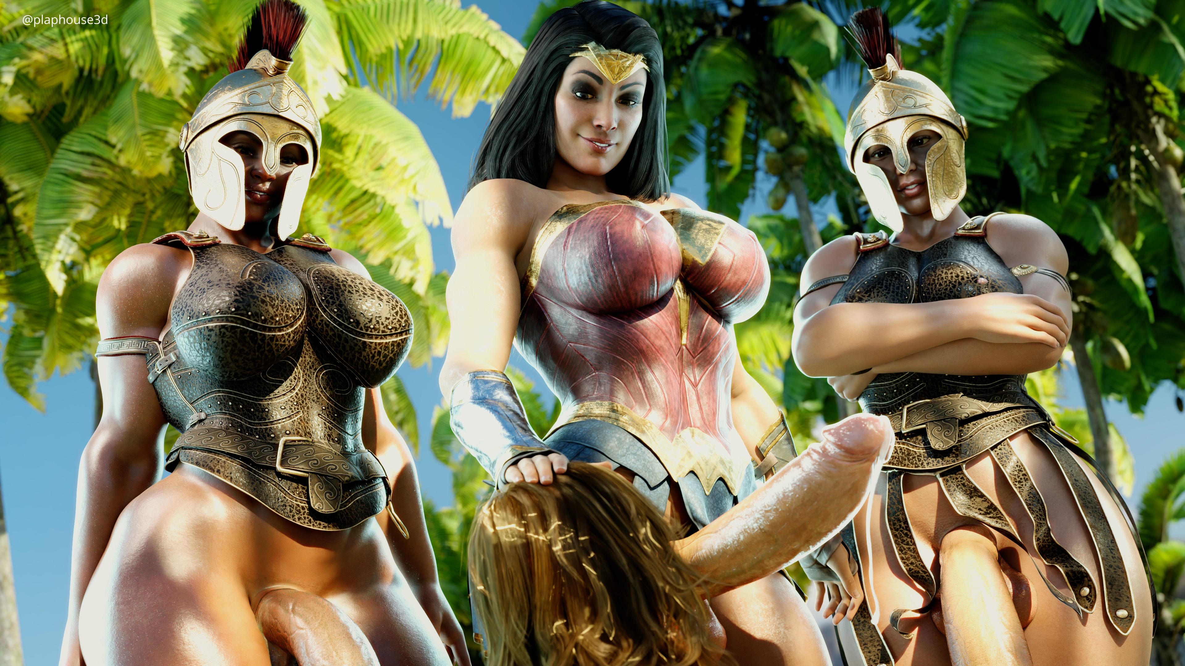 1girls, 3d, 3futas, amazon, amazonian, beach, big penis, blender, dark skin, dark-skinned futa, dc, dc comics, diana of themyscira, diana prince, erect penis, female, flaccid, futanari, giant penis, hand on head, huge cock, imminent gangbang, imminent sex, interracial, intersex, large penis, light skin, light-skinned futa, penis, plaphouse3d, precum, wonder woman, wonder woman (series)