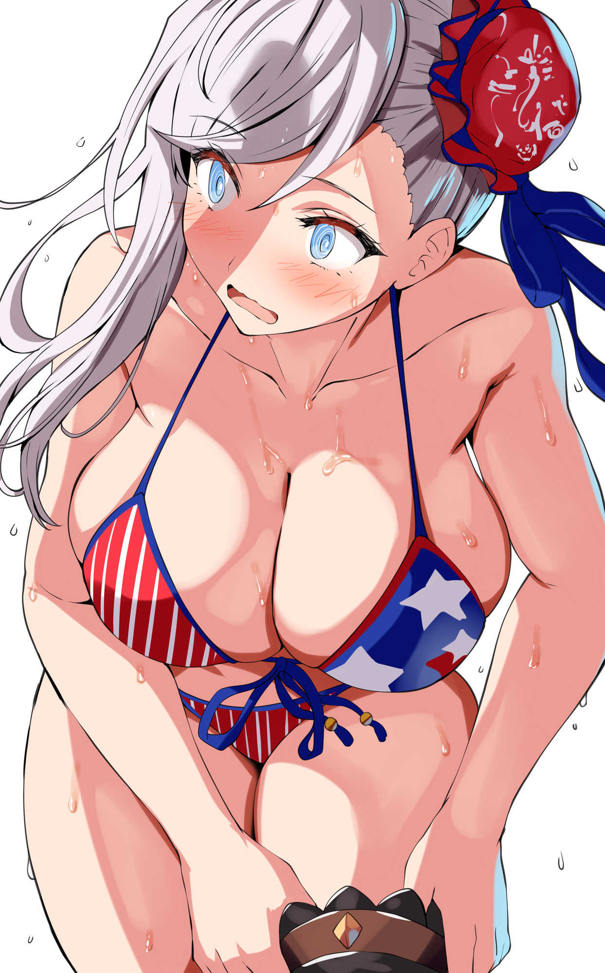 @ @, 1girls, american flag, american flag bikini, american flag print, belko, bikini, blue eyes, blue ribbon, blush, breasts, cleavage, fate (series), fate/grand order, female, flag print, hair ribbon, hi res, highres, large breasts, male, miyamoto musashi (fate), miyamoto musashi (fate/grand order), miyamoto musashi (swimsuit berserker) (fate), miyamoto musashi (swimsuit berserker) (second ascension) (fate), open mouth, penis, penis shadow, print bikini, ribbon, sidelocks, single sidelock, single thighhigh, swimsuit, thighhighs, thighs, wet, white hair