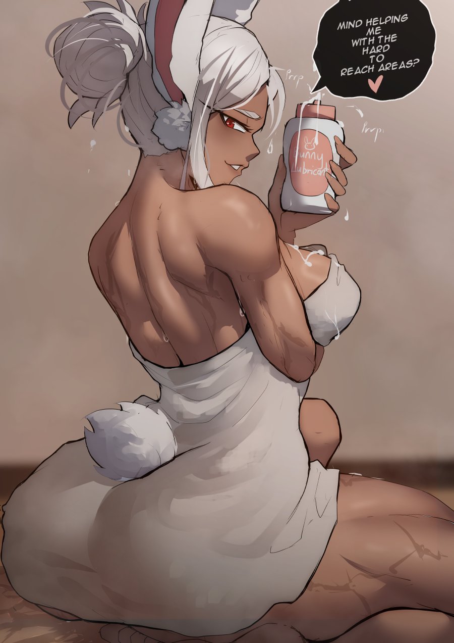 1girls ass behind_view big_ass big_boobs big_breasts big_butt boku_no_hero_academia boobs breasts dark-skinned_female dark_skin foonie_xd from_behind from_behind_position heroine large_ass large_butt miruko my_hero_academia rumi_usagiyama scar scars sitting superheroine towel usagiyama_rumi
