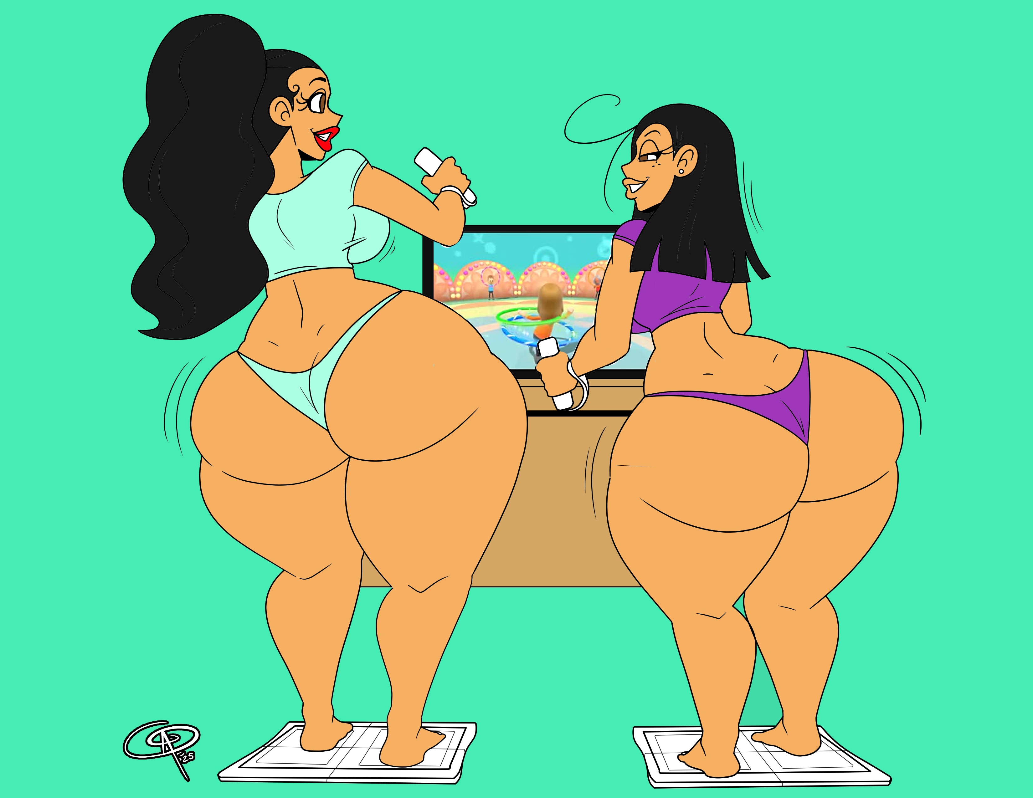 2girls, aged up, ass, big ass, black hair, carlota casagrande, commission, female, female only, frostbiteboi, full body, latina, multiple females, multiple girls, nickelodeon, ronnie anne santiago, the casagrandes, the loud house, thicc-verse, thong, underwear, wii fit, wii remote