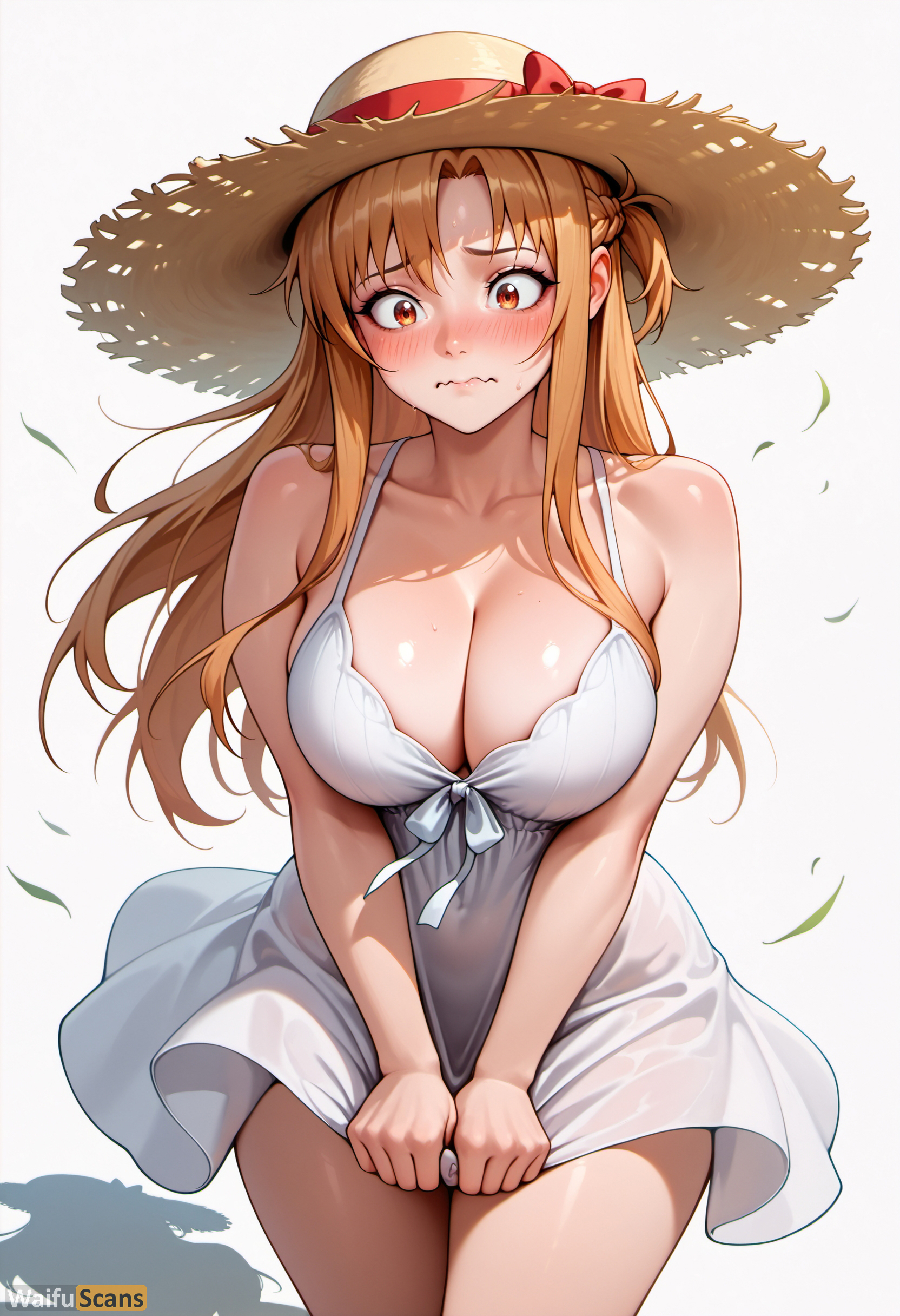 ai generated, artist name, bangs, bare shoulders, blush, bow, braid, breasts, brown eyes, brown hair, cleavage, closed mouth, collarbone, cowboy shot, dress, dress tug, embarrassed, female, hat, high resolution, highres, large breasts, long hair, red bow, ribbon, see-through, short dress, simple background, sleeveless, sleeveless dress, solo, stable diffusion, straw hat, sun hat, sundress, sweat, sword art online, thighs, waifuscans418, wavy mouth, white background, white dress, wind, yuuki asuna