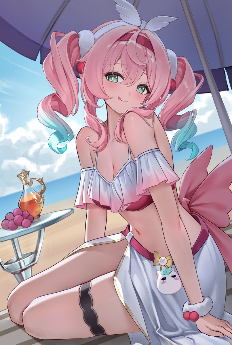 1girls, beach, female, green eyes, honkai: star rail, hoyoverse, hyacine (honkai: star rail), lunacle, mihoyo, pink hair, red swimsuit, sitting down, swimsuit, twintails, umbrella