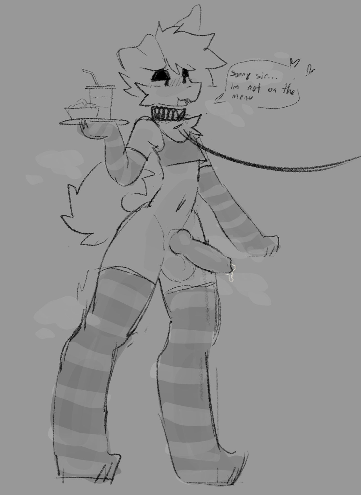 1boy, 2025, anthro, arm warmers, balls, blush, canine, canine penis, collar, collar and leash, cropped tank top, dialog, dialogue, dialogue bubble, dog ears, drink, eyes half open, femboy, floating heart, floating hearts, food, furry, gay, heart, knotted penis, leash, leash and collar, male, musk clouds, open mouth, penis, plate, precum, precum drip, sammy toyy, tail, thigh highs, thighhighs, thighs