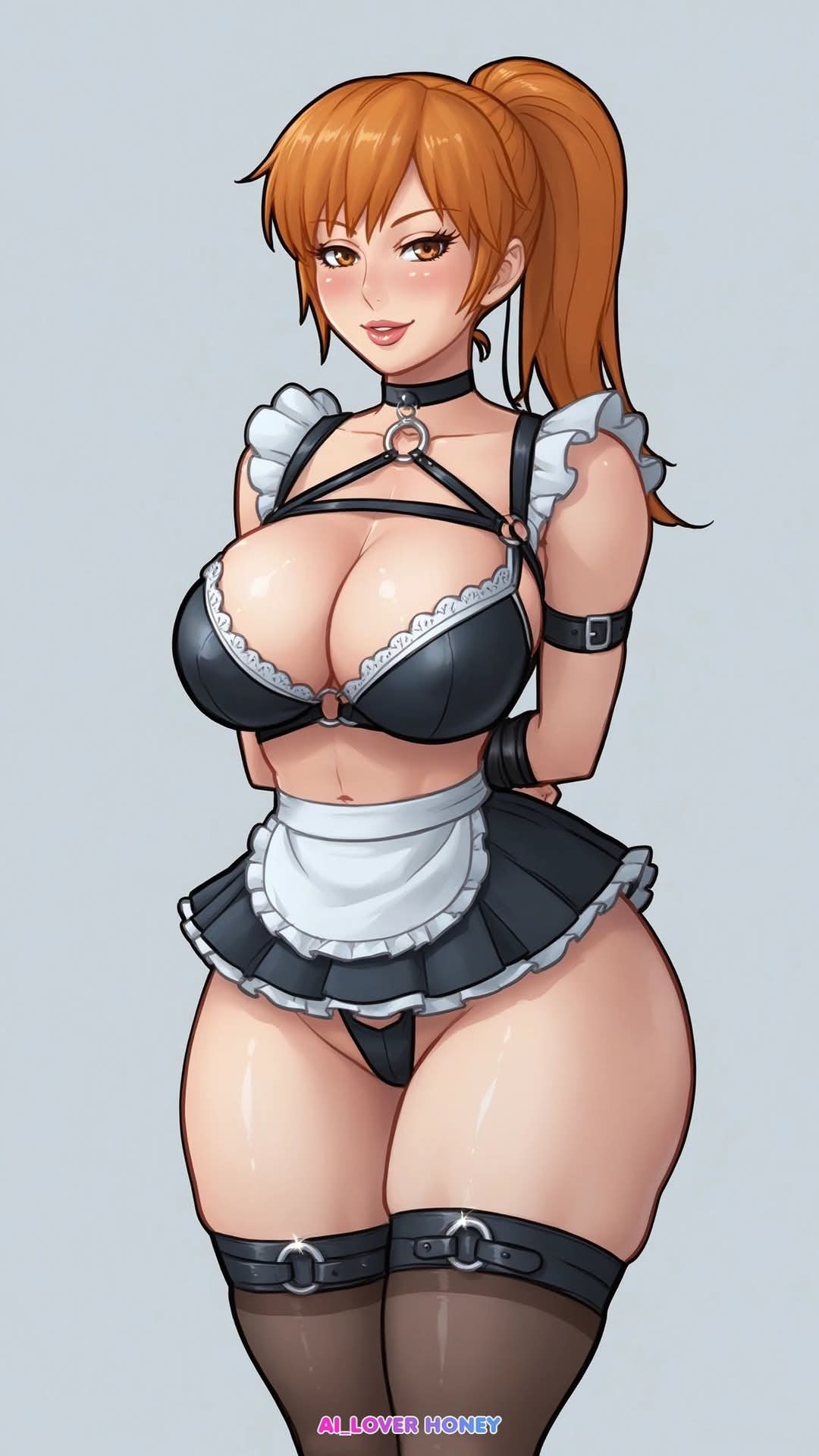 1girls, ai generated, ai loverhoney, asian, asian female, big breasts, bondage, bound, breasts, brown eyes, cleavage, collar, curvaceous, curvy female, dead or alive, eyes, female, female only, femsub, kasumi (doa), large breasts, light skin, long hair, looking at viewer, maid, maid uniform, miniskirt, orange hair, panties, ponytail, revealing clothes, skimpy clothes, standing, stockings, tecmo, thick, thick thighs, thighhighs, tied up, voluptuous, voluptuous female, wide hips