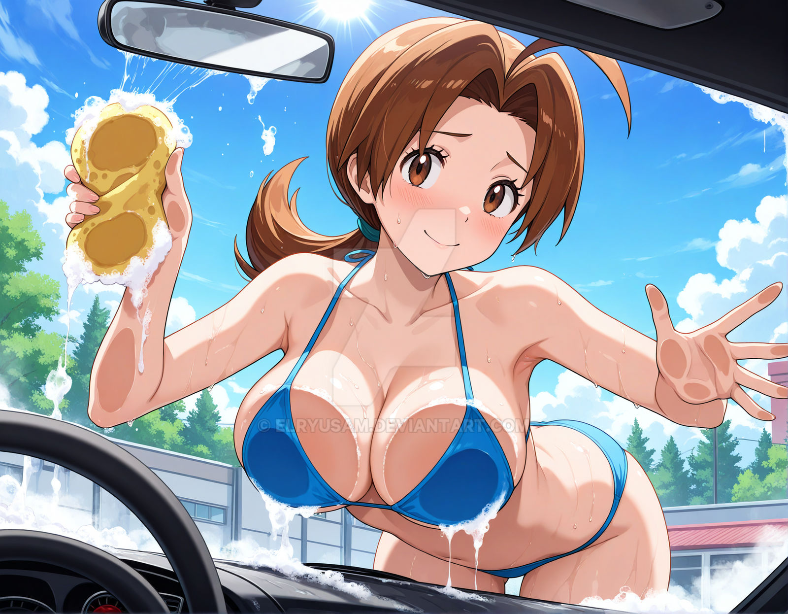 1girls, 2025, 4kids entertainment, ai generated, anime, belly, blue bikini, breasts, brown eyebrows, brown eyes, brown hair, brown ponytail, car wash, delia ketchum (pokemon), deviantart, elryusam, female, holding sponge, human, looking at viewer, mature female, meta, milf, mouth closed, nintendo, not porn, orange cheeks, pokemon, pokemon (anime), shy smile, smile, smile at viewer, smiling at viewer, tummy, washing car
