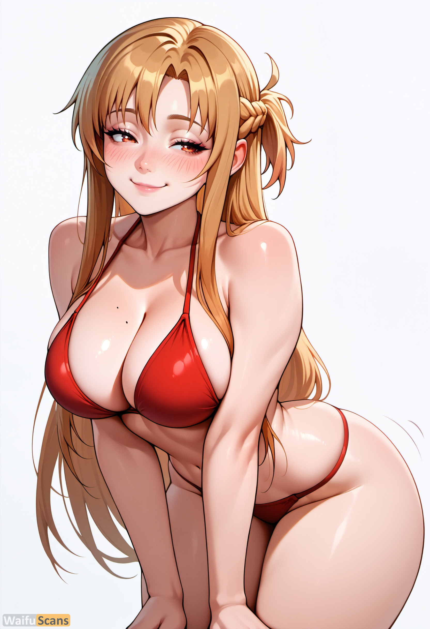 ai generated, artist name, bangs, bikini, blush, braid, breasts, brown eyes, brown hair, cleavage, collarbone, female, high resolution, highres, large breasts, leaning forward, lips, long hair, looking at viewer, mole, mole on breast, navel, red bikini, red eyes, simple background, smile, solo, stable diffusion, swimsuit, sword art online, thighs, waifuscans418, white background, yuuki asuna