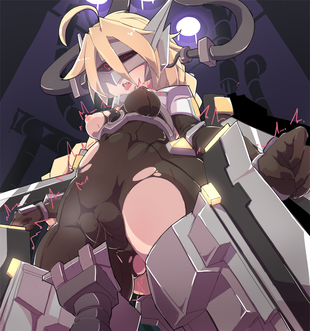 ahoge blazblue blonde_hair bodysuit braid breasts cameltoe female infraton lambda-11 mecha_musume red_eyes single_braid solo thighhighs torn_clothes very_long_hair