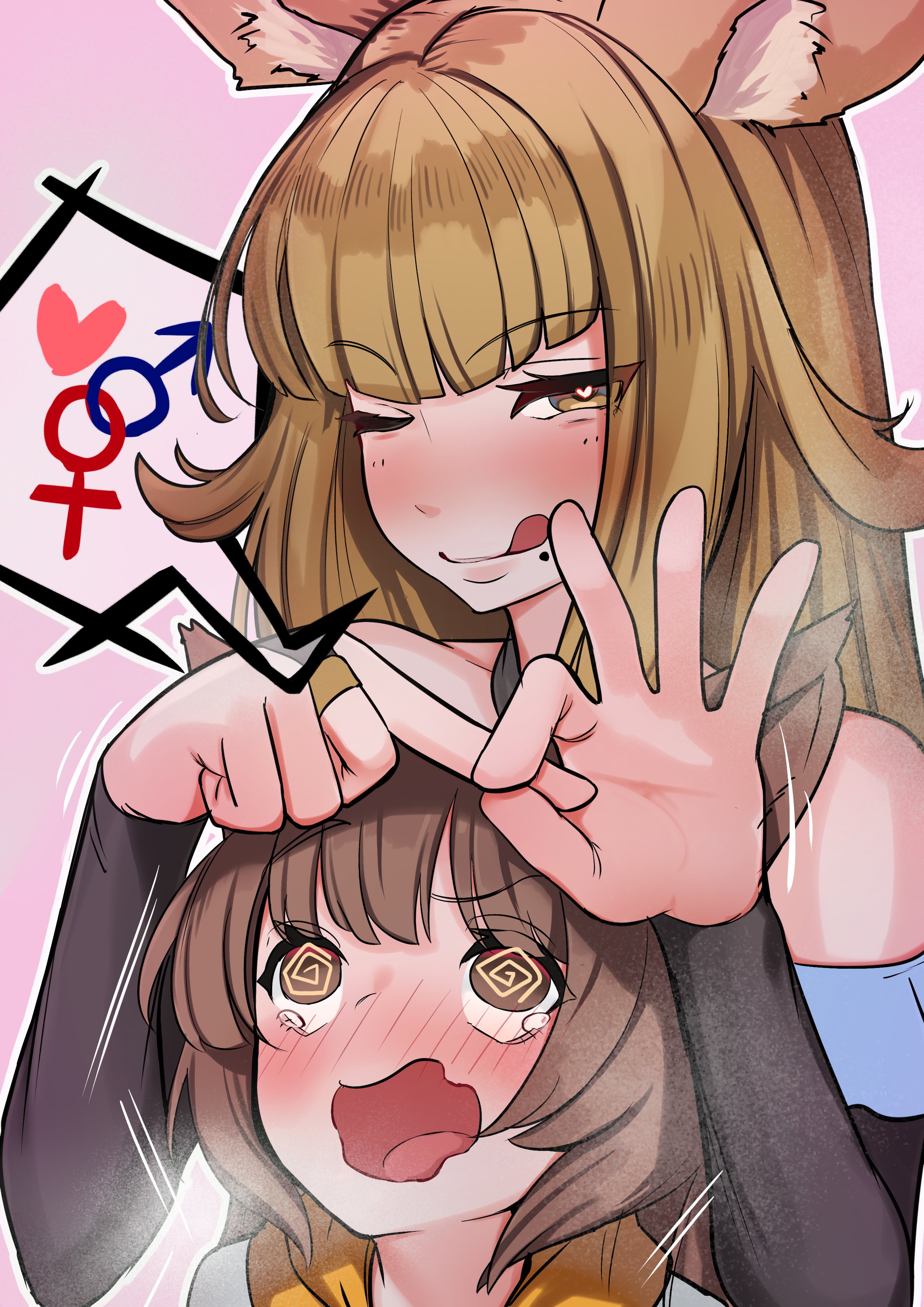 2girls, animal ears, aster (granblue fantasy), female, female only, granblue fantasy, heart-shaped pupils, imminent sex, kkkaaa4444, licking lips, metera (granblue fantasy), sex gesture, spiral eyes