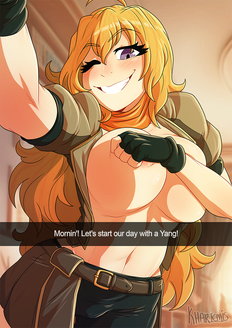 1girls artist_logo blonde_hair camera_pov english english_text female female_focus female_only girl khartemis long_hair long_hair_female rooster_teeth rwby selfie snapchat solo solo_female solo_focus text yang_xiao_long