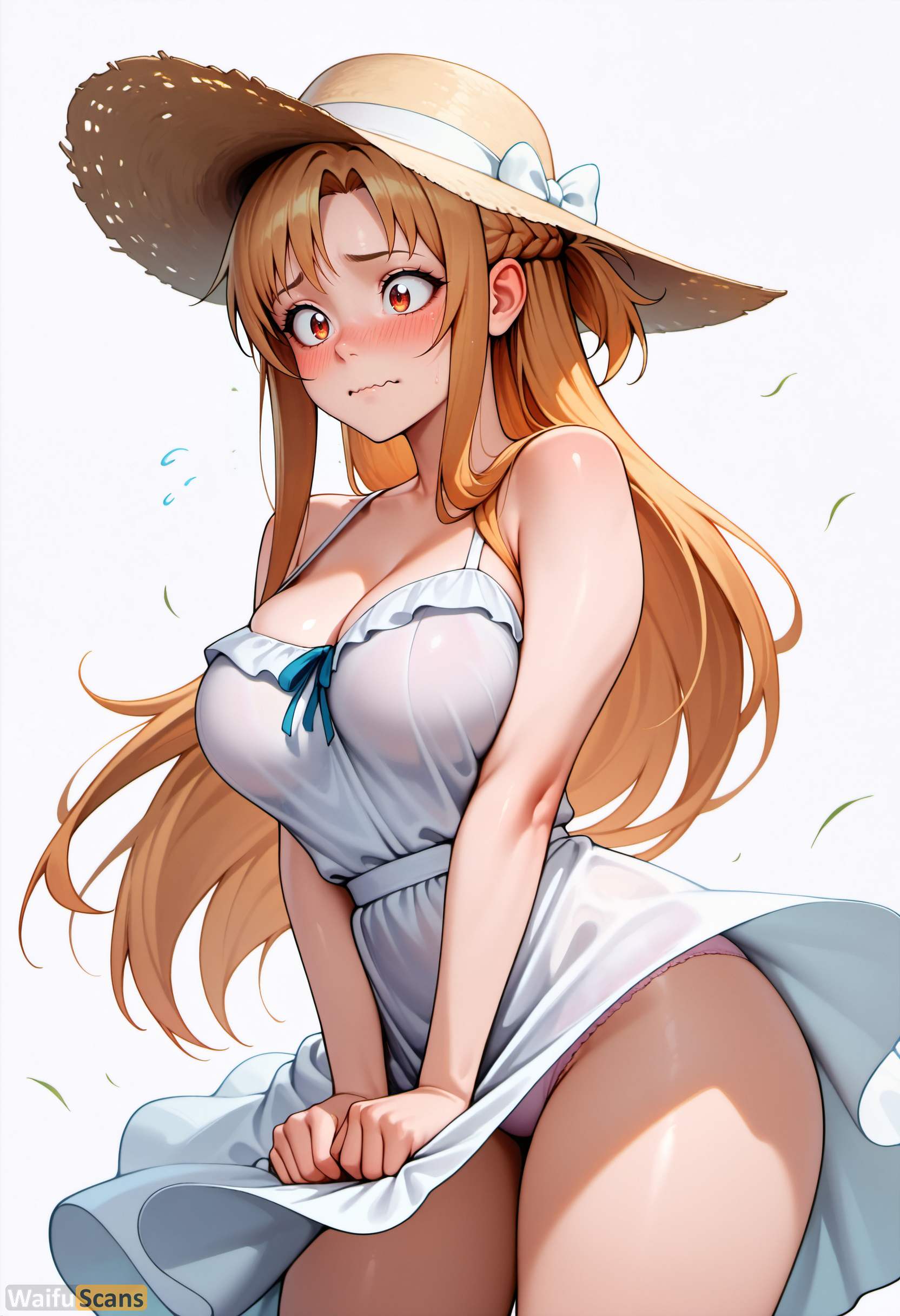 ai generated, artist name, bangs, bare arms, bare shoulders, blush, bow, braid, breasts, brown hair, cleavage, closed mouth, collarbone, cowboy shot, dress, dress tug, embarrassed, female, flying sweatdrops, hat, high resolution, highres, large breasts, long hair, panties, pink panties, ribbon, simple background, sleeveless, sleeveless dress, solo, stable diffusion, standing, straw hat, sun hat, sundress, sword art online, thighs, underwear, waifuscans418, wavy mouth, white background, white bow, white dress, wind, wind lift, yuuki asuna