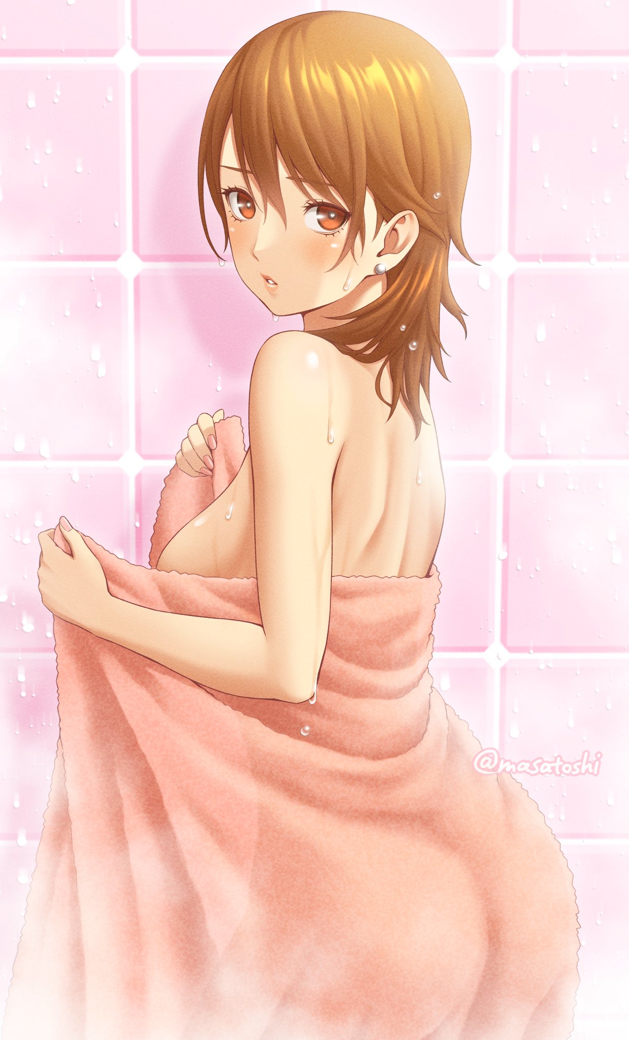 ass, blush, breasts, brown eyes, brown hair, earrings, female, highres, holding, holding towel, jewelry, looking at viewer, masatoshi 1219, naked towel, persona, persona 3, short hair, showering, sideboob, solo, stud earrings, tile wall, tiles, towel, water drop, wet, yukari takeba