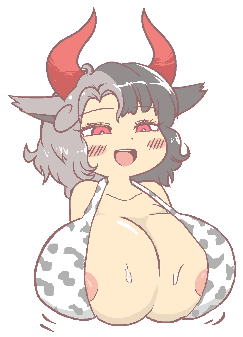 1girls animal_ears areola_slip areolae artist_request bikini black_hair blush breasts chibi chibi_only chibi_style cleavage collarbone cow_print cow_print_bikini dot_nose erotic_chibi female grey_hair gyate_gyate horns huge_breasts meme open_mouth pink_eyes skindentation smile streaked_hair sweat touhou transparent_background ushizaki_urumi