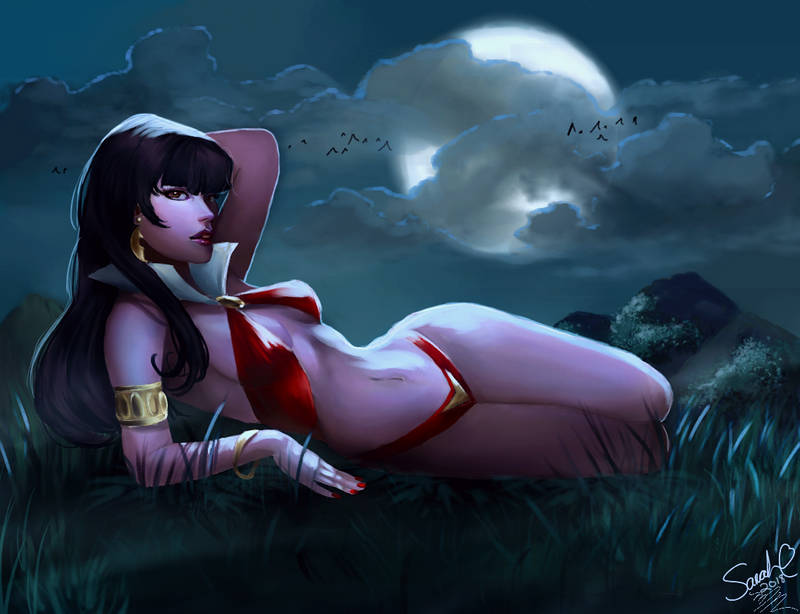 armlet bangle bikini black_hair bracelet breasts clothing cloud dynamite_comics earrings female female female_only forty_fathoms_(artist) full_moon grass jewelry lips long_hair looking_at_viewer lying makeup medium_breasts moon nail_polish navel night nose on_side outdoors red_bikini red_nails sky solo swimsuit vampirella
