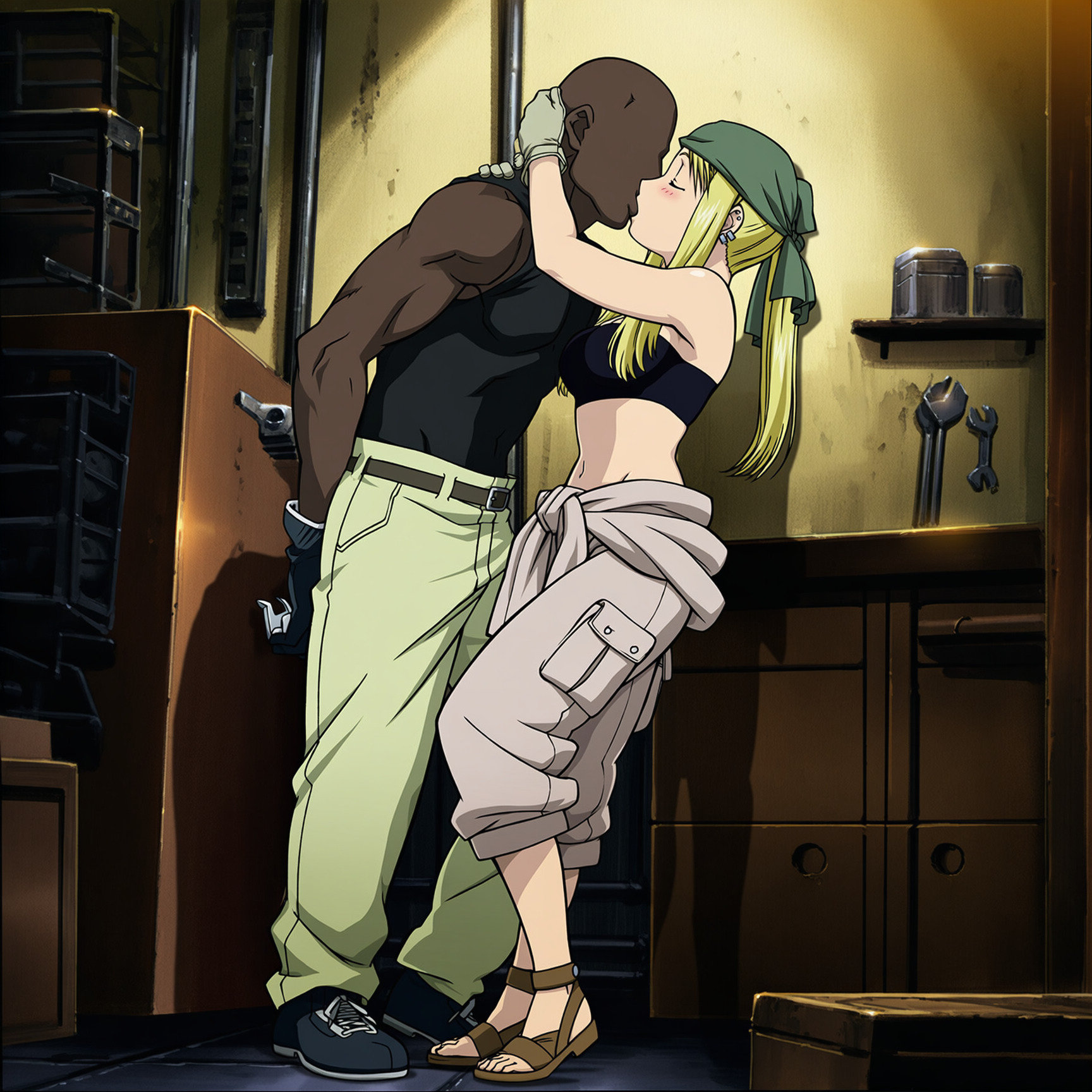 1boy, 1girls, abasta, ai generated, bandana, blonde hair, blue eyes, dark, dark skin, dark-skinned male, female, flirting, fullmetal alchemist, green bandana, interracial, kissing, light skin, light-skinned female, male, mechanic, netorare, romantic, sandals, sidelocks, smug, winry rockbell, workshop