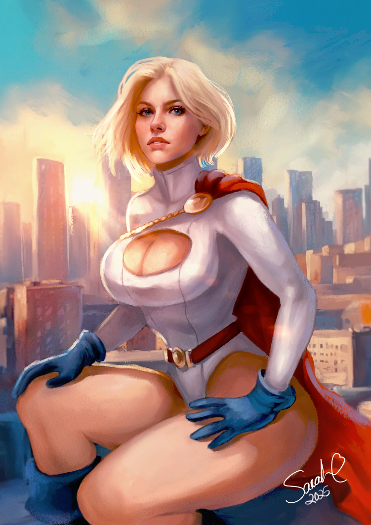 ai_generated belt blonde_hair blue_eyes blue_footwear blue_gloves boots breasts cape cleavage cleavage_cutout clothing clothing_cutout cloud day dc dc_comics dress female female_only footwear forty_fathoms_(artist) gloves jewelry karen_starr large_breasts leotard lips looking_at_viewer nose power_girl red_cape short_hair sitting sky solo superhero superman_(series) thick_thighs thighs white_leotard