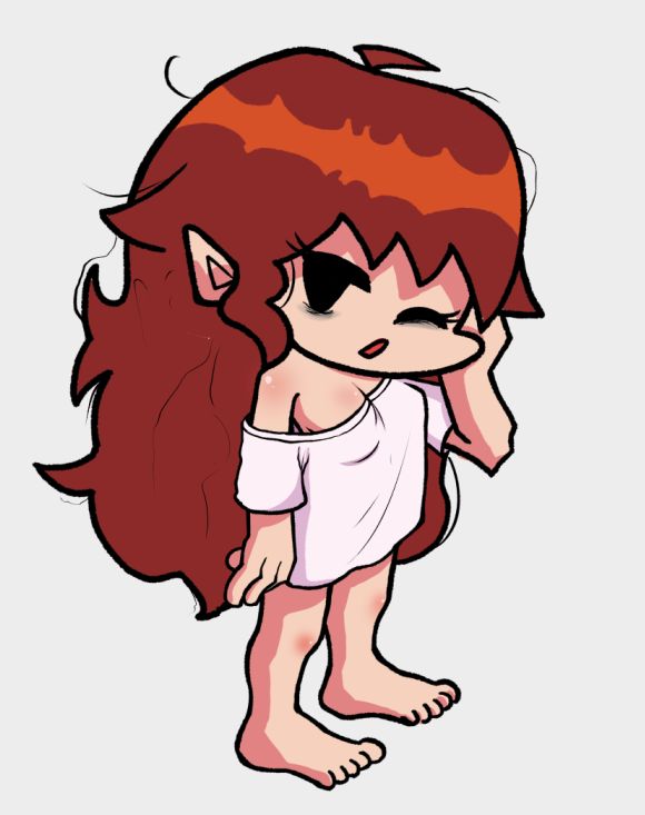 1girls, auburn hair, barefoot, cleavage, eepy, eye bags, feet, female, female only, friday night funkin, full body, girlfriend (friday night funkin), messy hair, off shoulder, sleepy, solo, solo female, t-shirt only, tagme, white shirt