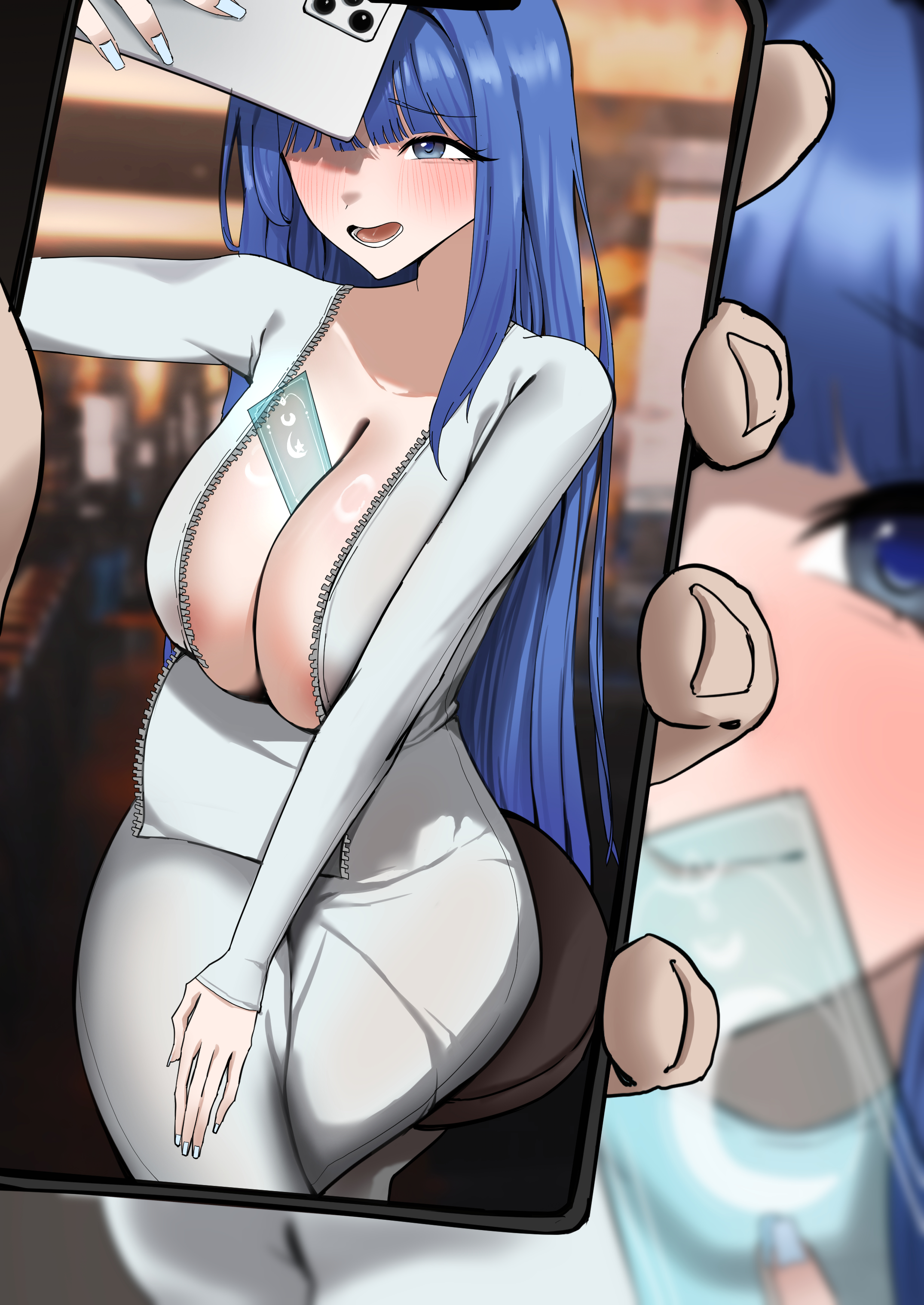 1girls, 1other, absurdres, ambiguous gender, arcana (nikke), between breasts, blue eyes, breasts, card, card between breasts, cellphone, commander (nikke), dress, female, female only, ffang tb, highres, holding, holding phone, huge breasts, juxtaposition, open clothes, phone, pov, smartphone, white nails, zipper dress