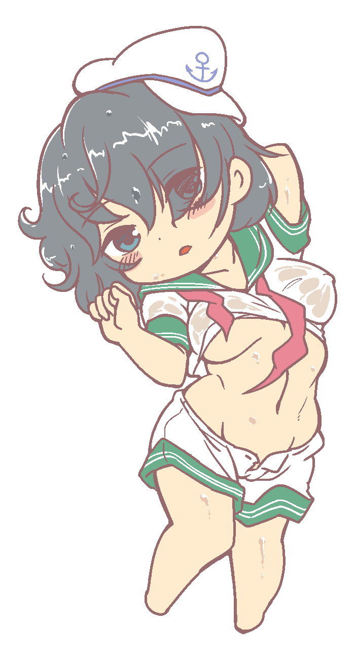 1girls arm_behind_head artist_request barefoot black_hair blue_eyes breasts chibi chibi_only chibi_style collarbone covered_nipples erotic_chibi female green_sailor_collar green_trim gyate_gyate hat large_breasts medium_hair meme minamitsu_murasa navel open_mouth sailor sailor_collar sailor_hat sailor_uniform serafuku shirt solo touhou transparent_background underboob wet_shirt white_hat white_serafuku white_shirt white_shorts