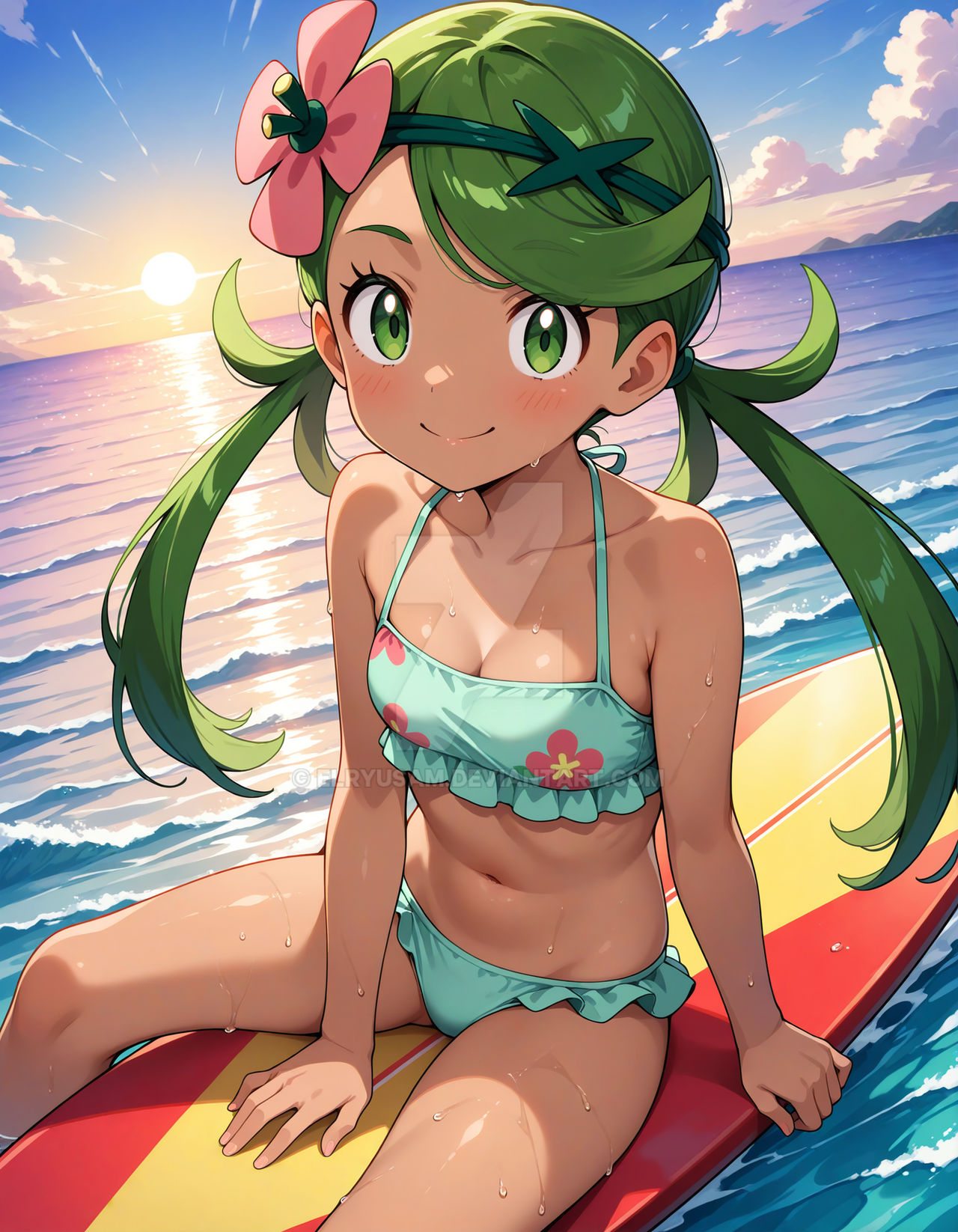 1girls, 2025, 4kids entertainment, ai generated, anime, beach, belly, bikini, deviantart, elryusam, female, female only, flower bikini, flower in hair, green bikini, green eyebrows, green eyes, green-haired female, hands on surfboard, mallow (pokemon), meta, mouth closed, nintendo, not porn, ocean, pokemon, red cheeks, sitting on surfboard, solo, teenage girl, tummy, wet bikini, wet body, wet skin