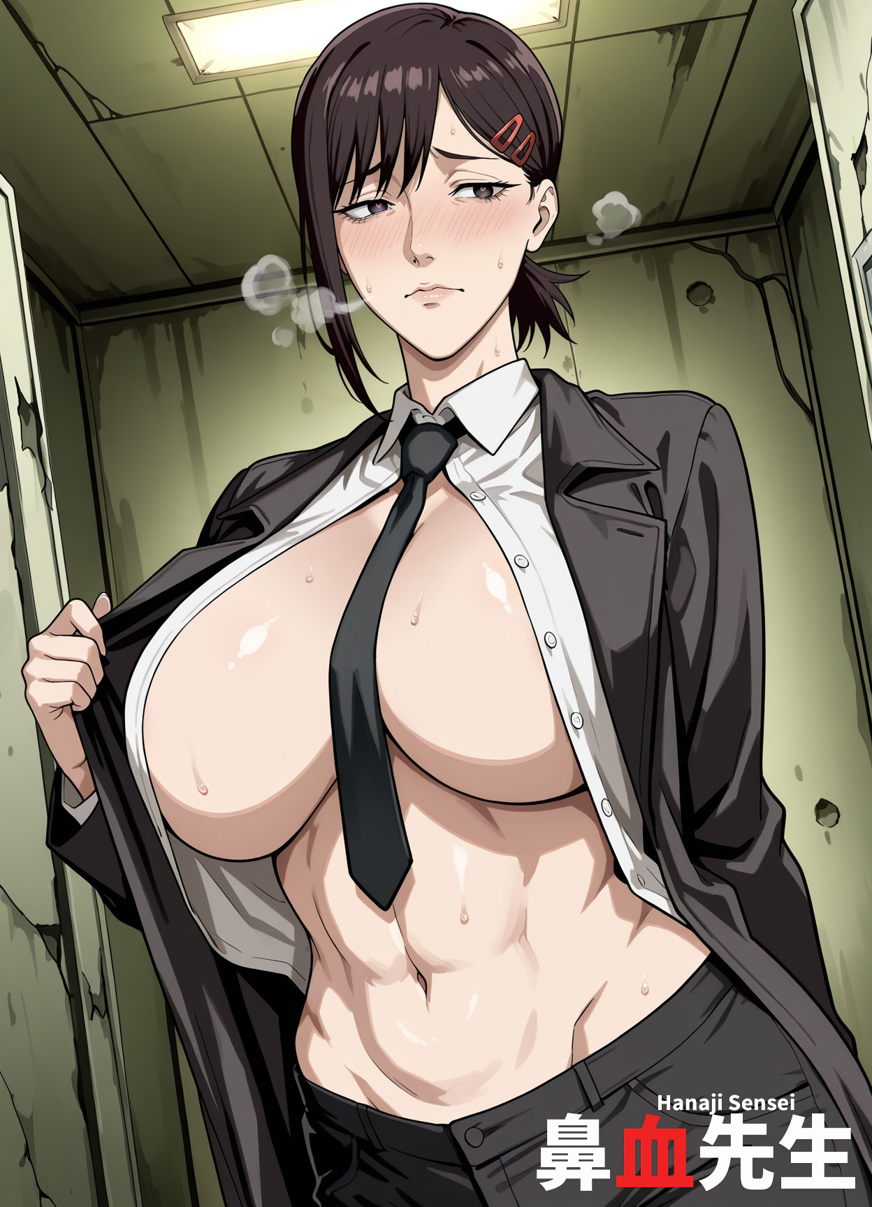 1girls, ai generated, breasts, brown hair, chainsaw man, cleavage, female, hanajisensei, higashiyama kobeni, kobeni higashiyama, mature, mature female, midriff, necktie, necktie between breasts, nervous, open clothes, ponytail, 鼻血先生