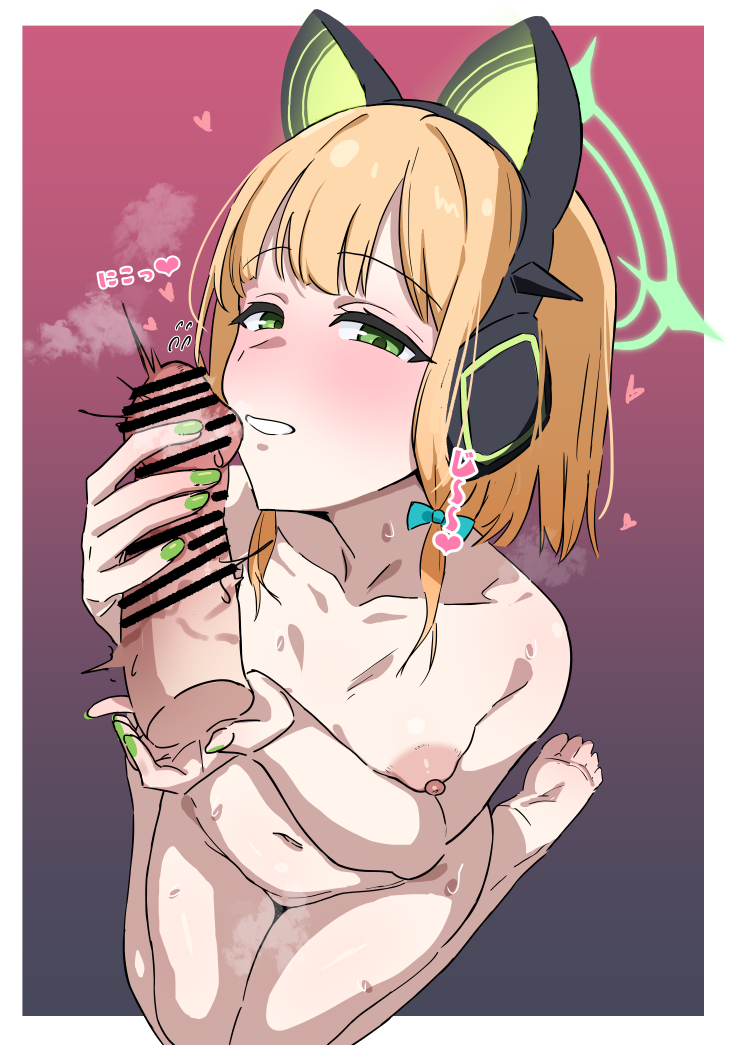 1boy animal_ears aqua_bow blonde_hair blue_archive blush border bow breasts cat_ears collarbone commentary completely_nude fake_animal_ears female green_eyes green_halo green_nails hairbow halo handjob male midori_(blue_archive) mitsuame_miiro navel nipples nude penis small_breasts translated white_border