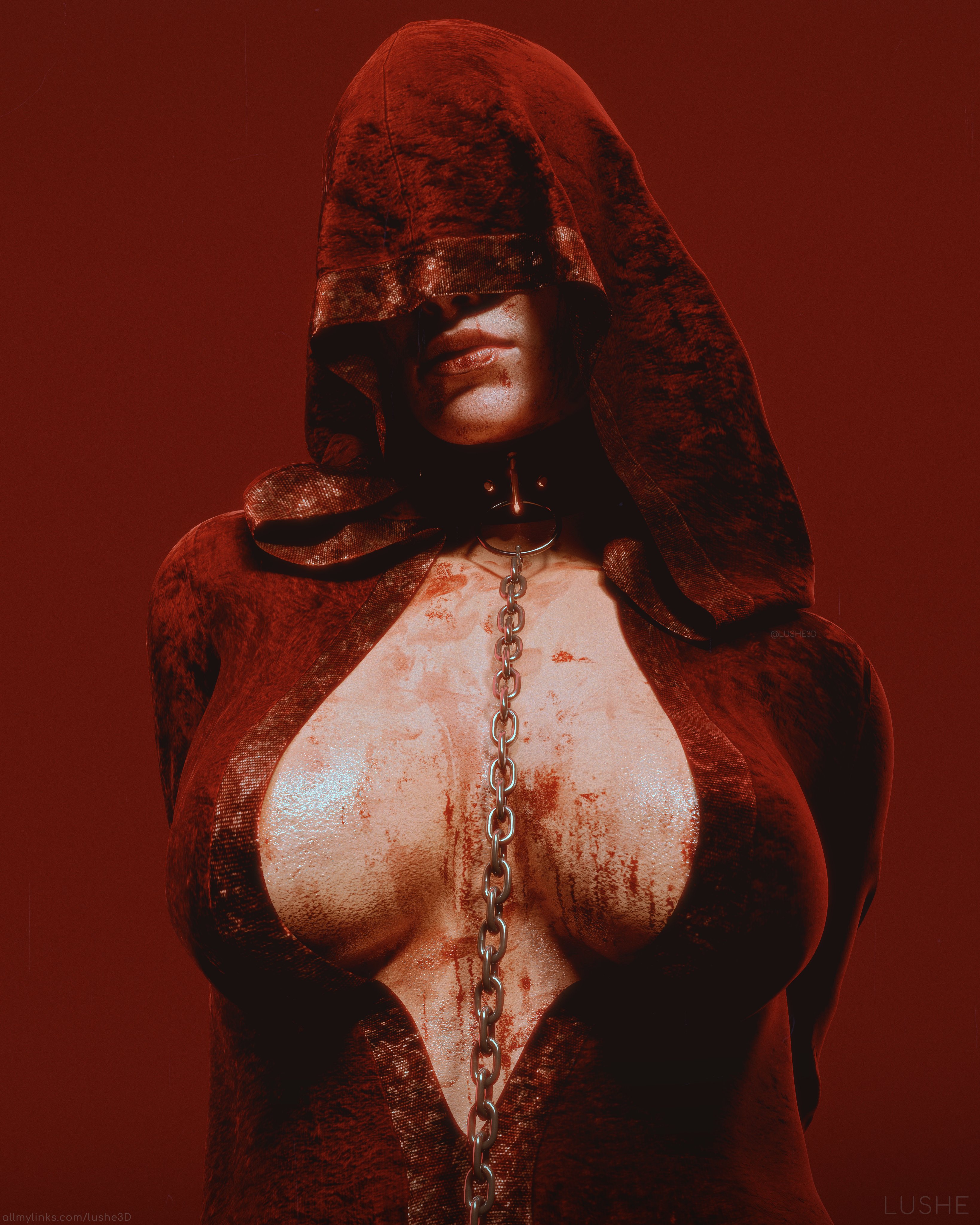 3d, big breasts, blood, breasts, cd projekt red, chains, female, freckles, hood, light skin, light-skinned female, lushe3d, red hair, slave collar, solo, solo female, the witcher (series), the witcher 3: wild hunt, triss merigold