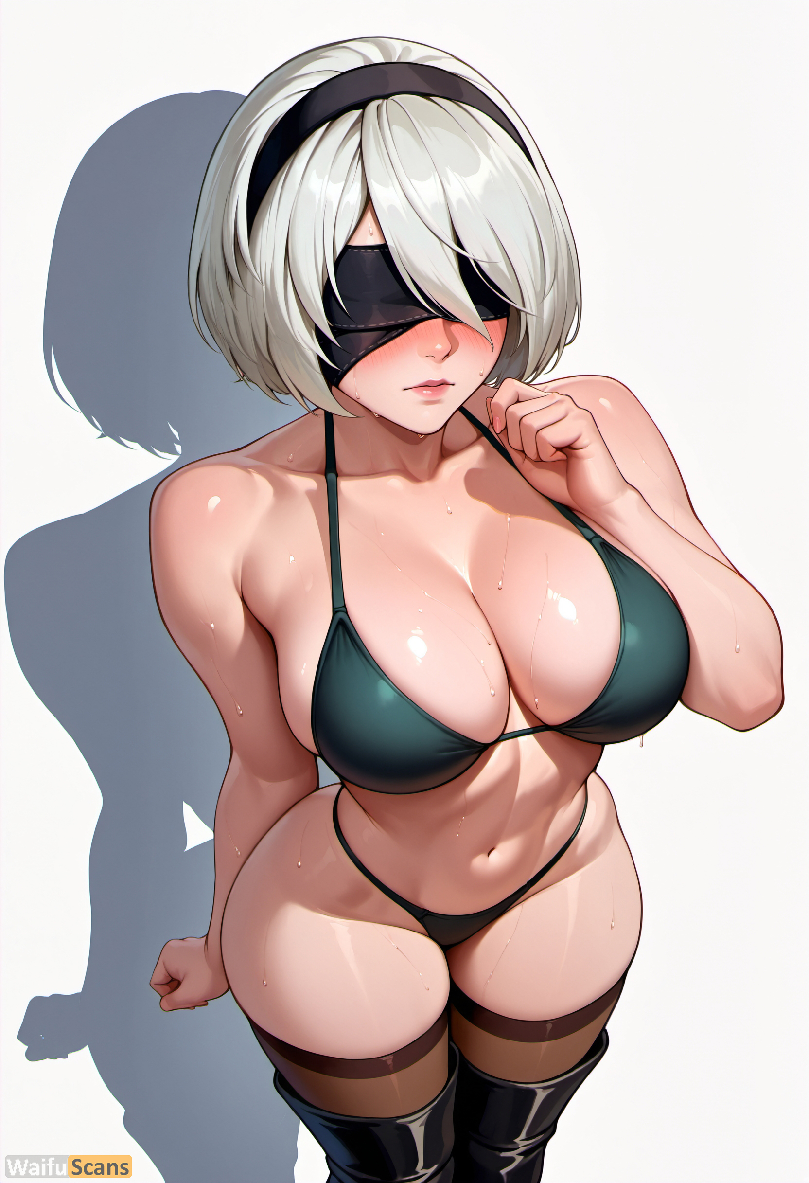 ai generated, artist name, bangs, bare shoulders, bikini, black blindfold, black footwear, black hairband, blindfold, blush, boots, breasts, cleavage, collarbone, female, green bikini, hairband, high resolution, highres, large breasts, lips, navel, nier: automata, parted lips, shadow, short hair, simple background, solo, stable diffusion, sweat, swimsuit, thigh boots, thighhighs, thighhighs under boots, thighs, waifuscans418, white background, white hair, yorha 2b