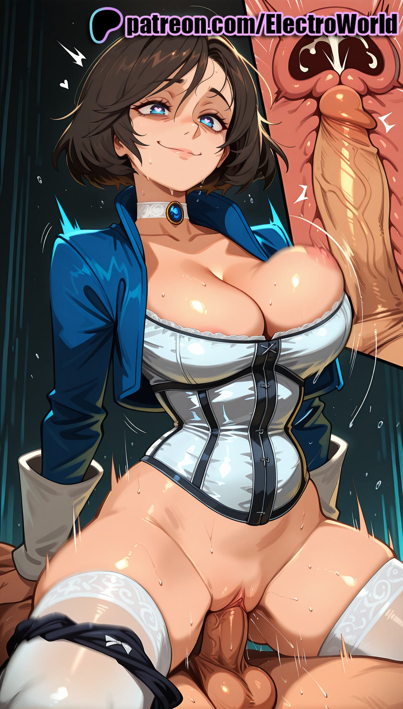 1boy, 1girls, 2025, ai generated, artist name, balls, bioshock, bioshock infinite, blue eyes, bouncing breasts, breasts, brown hair, bust, cervix, chest, choker, clitoral hood, clitoris, cock, cowgirl position, cross section, cum, cum in pussy, dick, ejaculation, electroworld, elizabeth comstock, exposed nipples, exposed pussy, female, fucking, hi res, high quality, high resolution, highres, intercourse, internal cumshot, juicy pussy, legs apart, legs spread, love making, male, motion lines, nipples, nipples outside, open legs, panties, panties around one leg, patreon, patreon username, penetration, penis, pussy, sex, sex from behind, sexual intercourse, short hair, smile, splayed legs, spread legs, stable diffusion, straddling, straight, sweat, testicles, tight pussy, trembling, uncensored, underwear, uterus, vagina, vaginal penetration, veins, veiny penis, watermark, x-ray