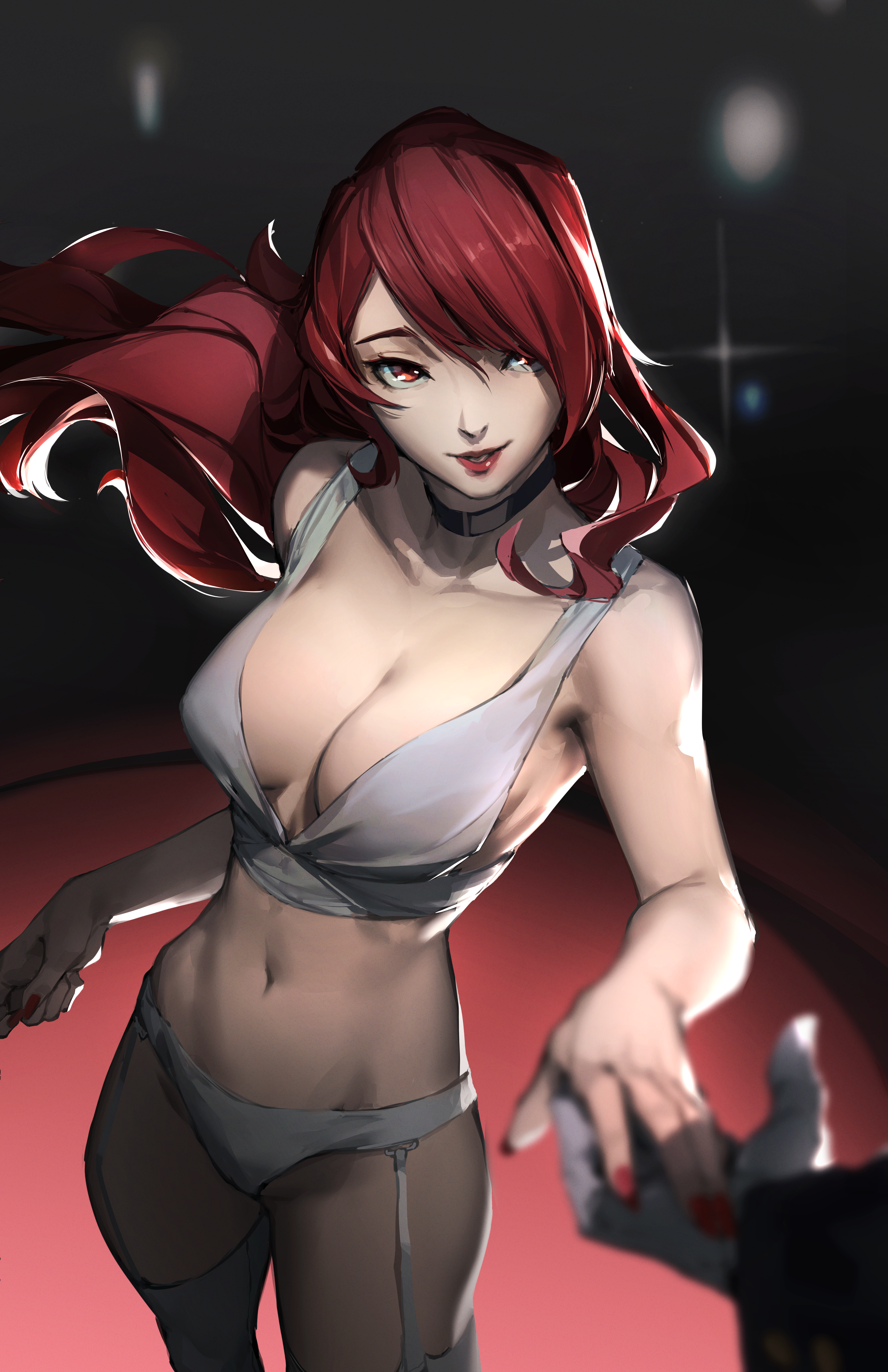 alternate version available, breasts, choker, cleavage, dance, dancer, dancer outfit, dress, female, hair over one eye, holding hands, kunomd, large breasts, lingerie, lipstick, long hair, looking at viewer, mitsuru kirijo, panties, persona, persona 3, red eyes, red hair, red lips, red nails, smile, solo focus, thighhighs, underwear