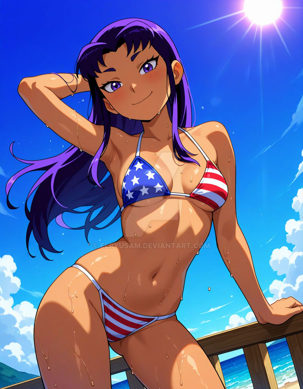 2025, ai generated, american flag bikini, beach, belly, blackfire, blowing hair, cartoon network, dc, dc comics, deviantart, elryusam, female, hair blowing, hand on hair, meta, mouth closed, not porn, orange body, orange cheeks, orange skin, purple eyebrows, purple eyes, purple-haired female, teen titans, tummy, wet bikini, wet body, wet skin