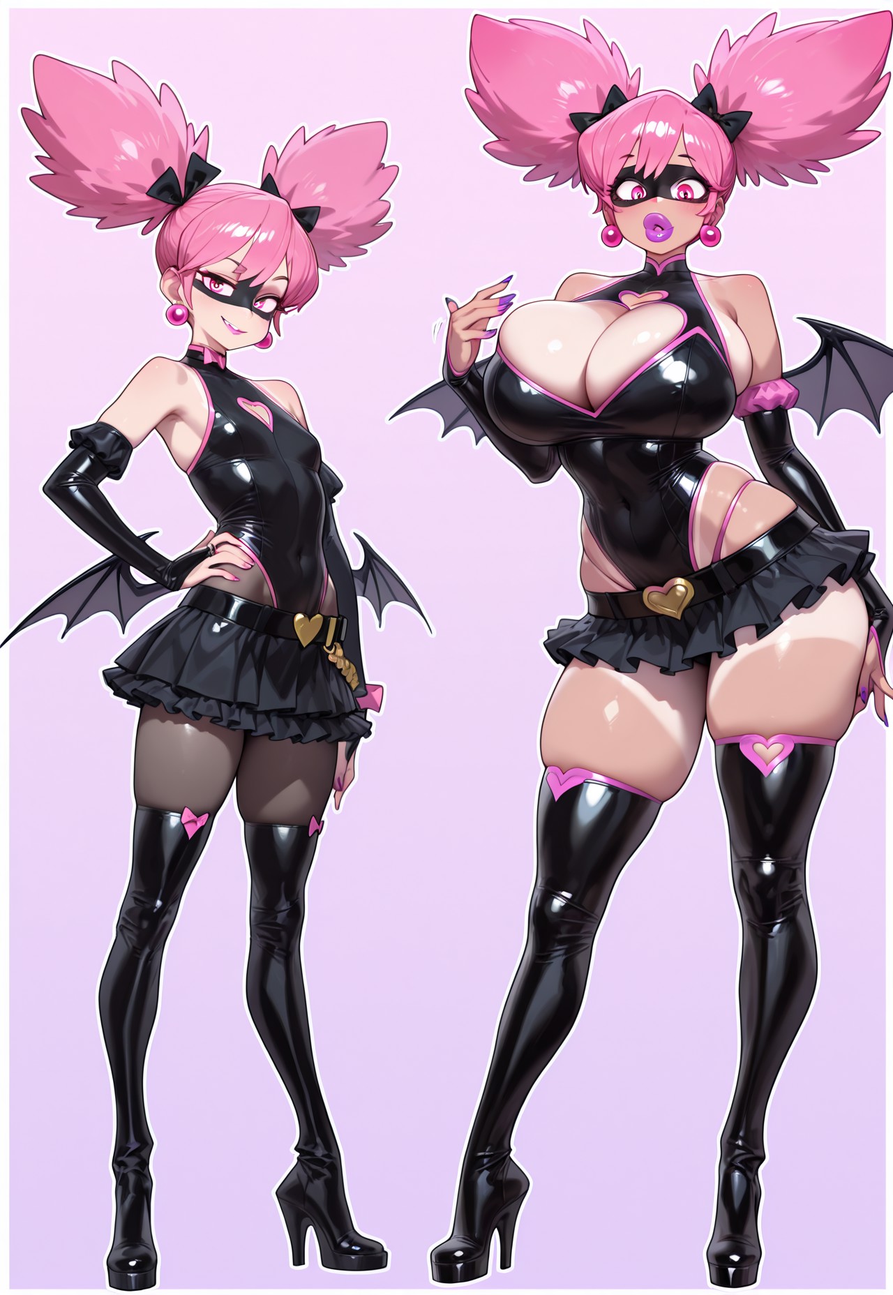 1girls, 2girls, ai generated, ass, bat wings, before and after, belt, bimbo, bimbo body, bimbo lips, bimbofication, black mask, bowtie, breasts, cleavage cutout, curvaceous, curvaceous female, curvy, curvy body, curvy female, curvy figure, domino mask, earrings, elbow gloves, female, female focus, female only, haneyama kazuho, heart cutout, hip wings, hourglass figure, huge ass, huge breasts, kazuho haneyama, leotard, miniskirt, my hero academia, pantyhose, petite, pink eyes, pink hair, pop step, short twintails, simple background, skirt, slim waist, small breasts, standing, tan body, tan skin, tanline, tanlines, thigh boots, thighhighs, thong above skirt, tight clothing, tight fit, transformation, twintails, vigilante: my hero academia illegals, wings