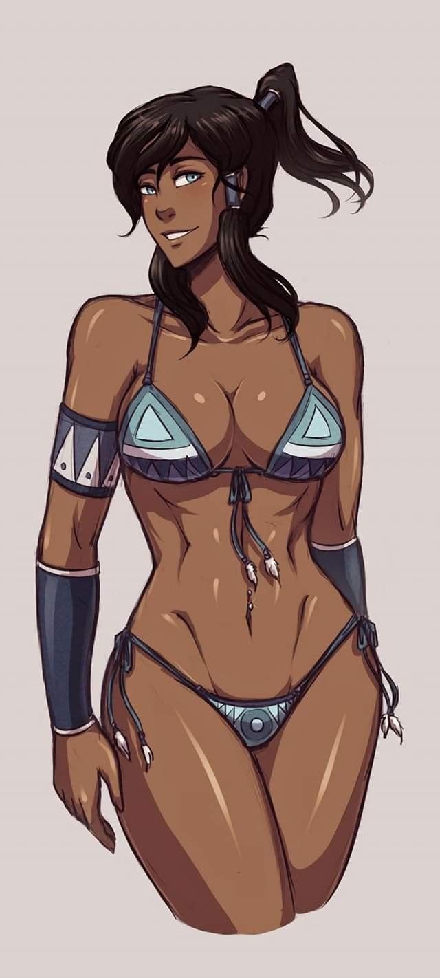 abs armband armlet armor avatar_legends avatar_the_last_airbender bikini bikini_armor bikini_bottom black_hair blue_eyes breasts brown_hair cleavage clothing cropped_legs dark-skinned_female dark_skin female female_only front-tie_bikini_top front-tie_top hair_tubes k-y-h-u korra large_breasts long_hair looking_at_viewer medium_breasts navel ponytail side-tie_bikini_bottom smile solo swimsuit the_legend_of_korra thighs toned topknot vambraces
