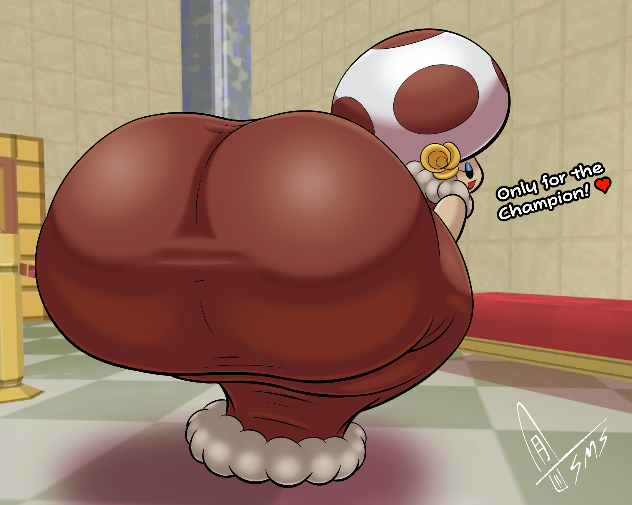 1girl, 1girls, 2d, 2d (artwork), artist signature, ass, ass focus, background, bending, bending forward, bending over, bent forward, bent over, big ass, big butt, big thighs, blue eyeshadow, butt, butt focus, clothed, clothed female, clothing, color, dialog, dialogue, dress, english, english text, eyeshadow, female, female ass, female ass focus, female butt, female focus, female only, flower on head, full body, fully clothed, fully clothed female, huge ass, huge butt, huge thighs, humanoid, large ass, large butt, large thighs, light skin, light-skinned female, mario (series), mushroom humanoid, nintendo, open mouth, open mouth smile, open-mouth smile, pale skin, pale-skinned female, paper mario, paper mario: the thousand-year door, presenting, presenting ass, presenting butt, presenting hindquarters, smile, smiling, smiling female, solo, solo female, solo focus, supermoonshroom, text, thick, thick ass, thick butt, thick hips, thick thighs, tight clothing, toad (mario), toodles (paper mario), video game character, video games, voluptuous, wide hips