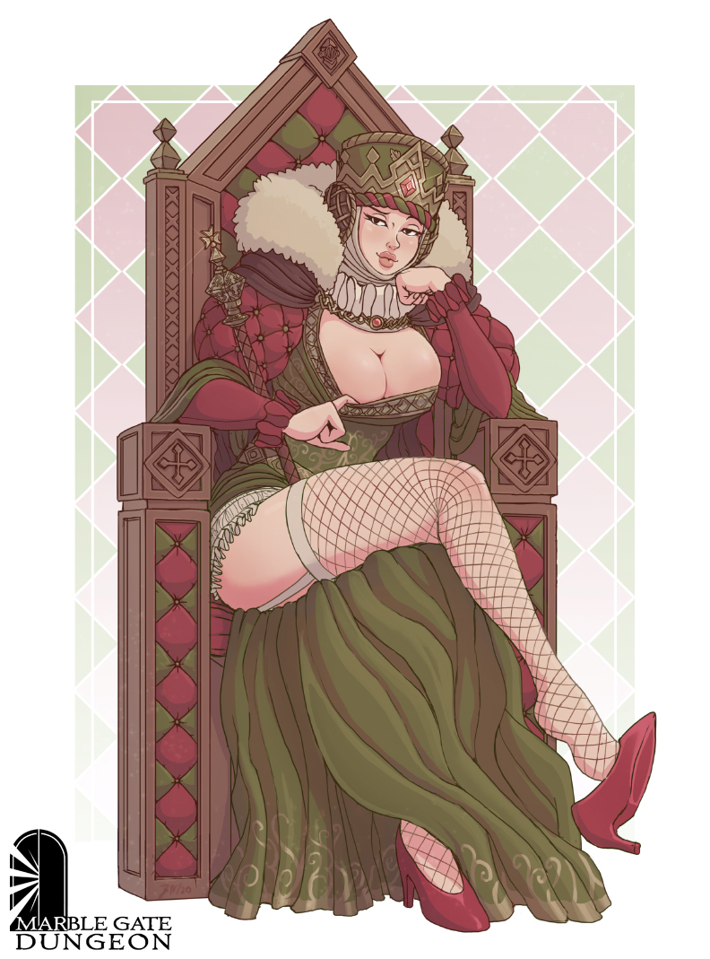 breasts brett_neufeld cleavage clothed female fishnets flashing high_heels marble_gate_dungeon queen seductive_look throne