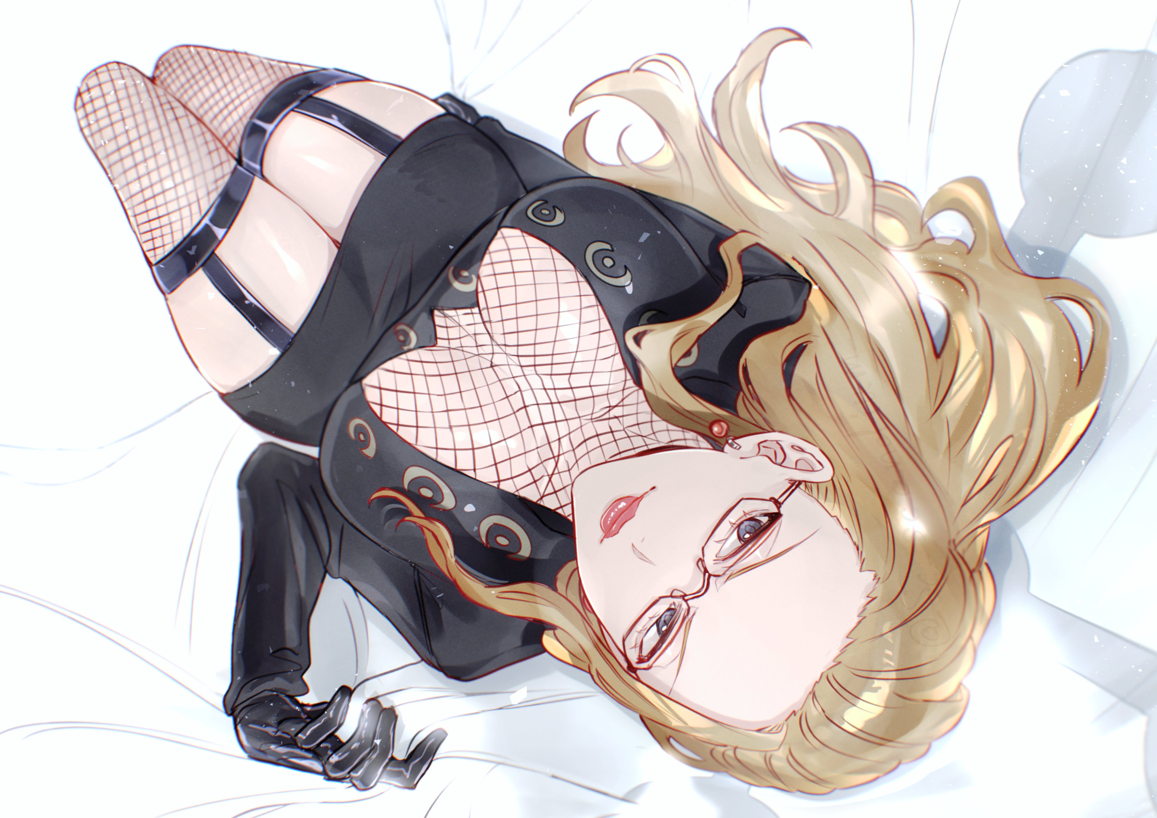 1girls, big breasts, blonde hair, blonde-haired female, blue eyes, breasts, cleavage, clothed, clothing, curvaceous, curvy, curvy female, curvy figure, earrings, eyebrows, female, female focus, female human, female only, fishnet legwear, fishnet shirt, fishnet stockings, fishnets, from above, full lips, glasses, gloves, high-angle view, huge breasts, human, kalifa, kalifa (one piece), large breasts, light skin, light-skinned female, long hair, looking at viewer, mature female, on back, one piece, sc scandium, solo, solo female, solo focus, thick thighs, thighs, wide hips