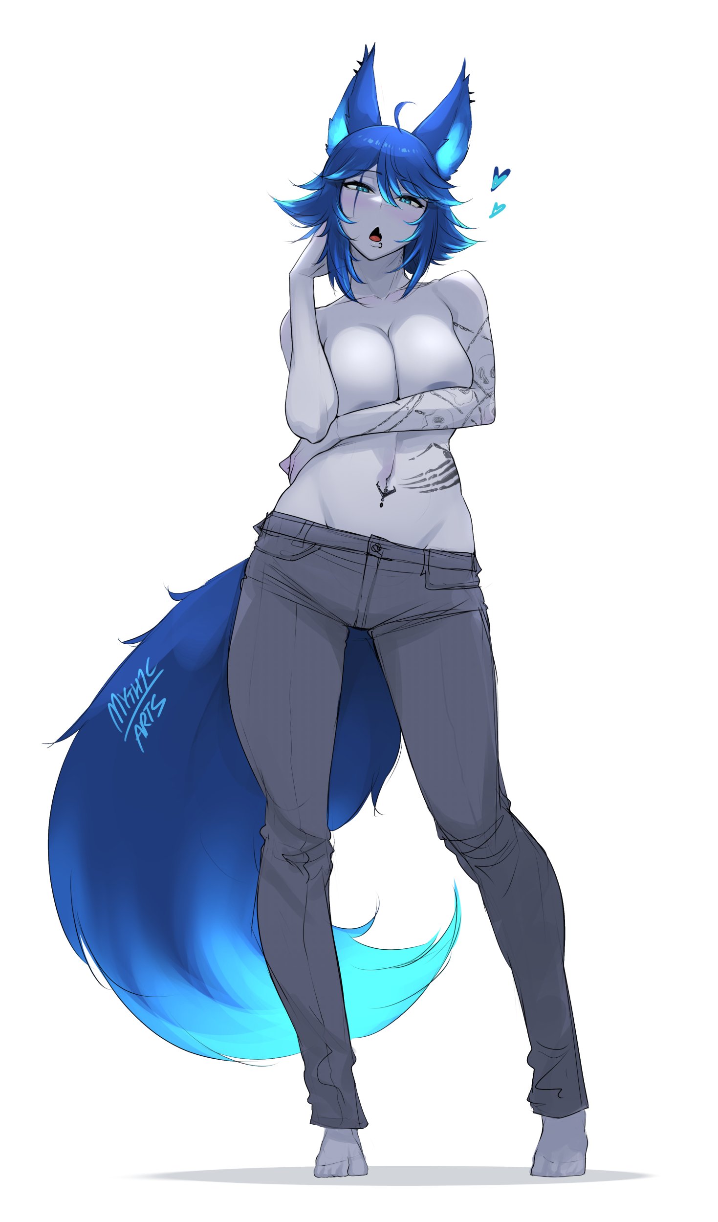 1girls, animal ears, blue hair, blue skin, breasts, covering breasts, female, female only, indie virtual youtuber, large breasts, myth1c, myth1carts, pants, solo, spite (vtuber), topless, virtual youtuber, white background